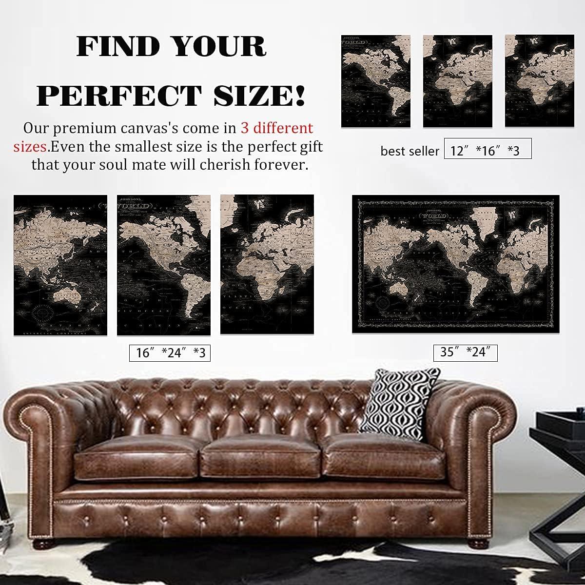 Vintage World Map Canvas Wall Art Retro Map of The World Canvas Prints Framed and Stretched for Living Room Ready to Hang 12x16 3 Piece