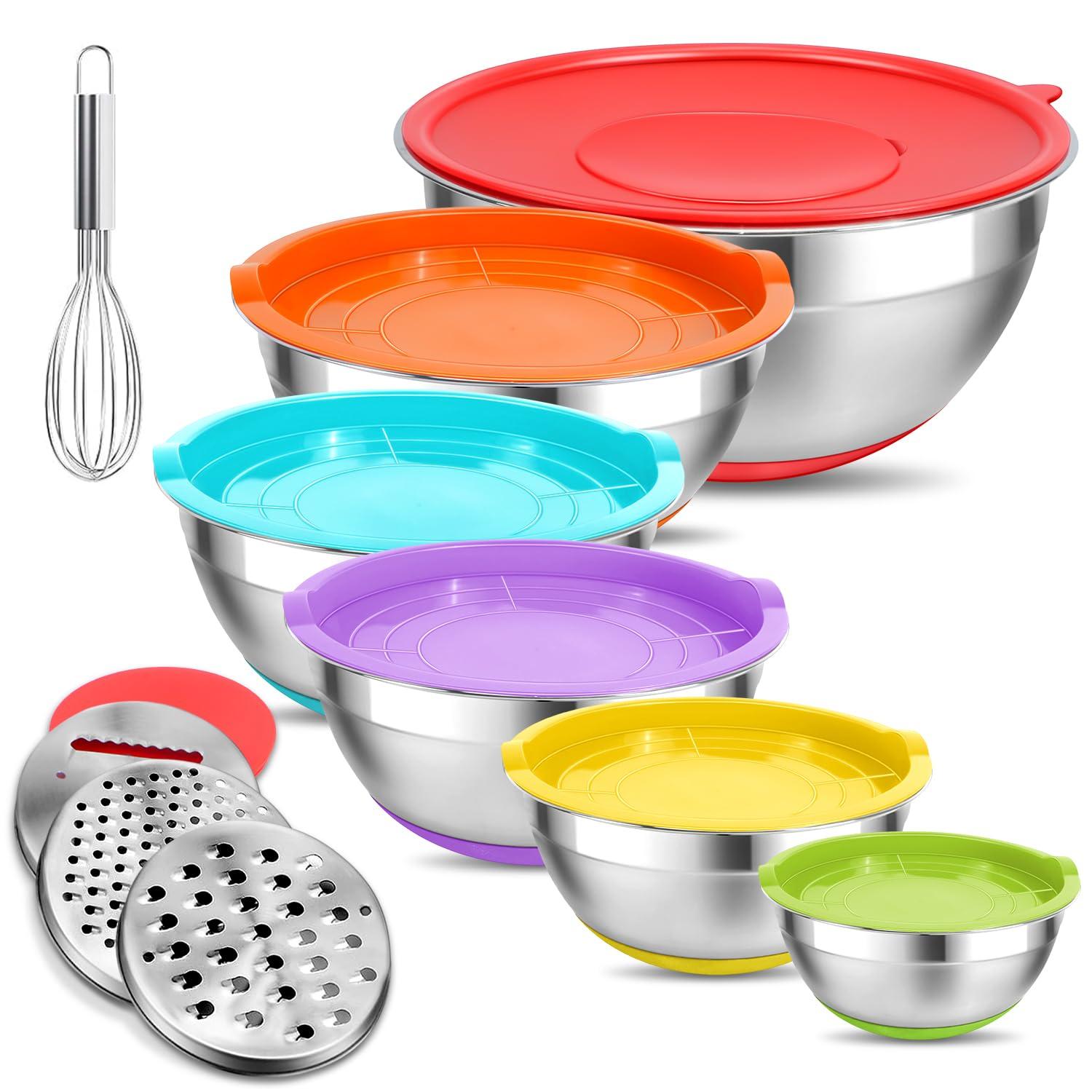 Mixing Bowls with Lids Set,10pcs Stainless Steel Mixing Bowls with Graters and Egg Whisk &Non-Slip Bottoms Food Prep Nesting Bowls for Baking, Cooking, Meal Storage(1.2QT-5.5QT)