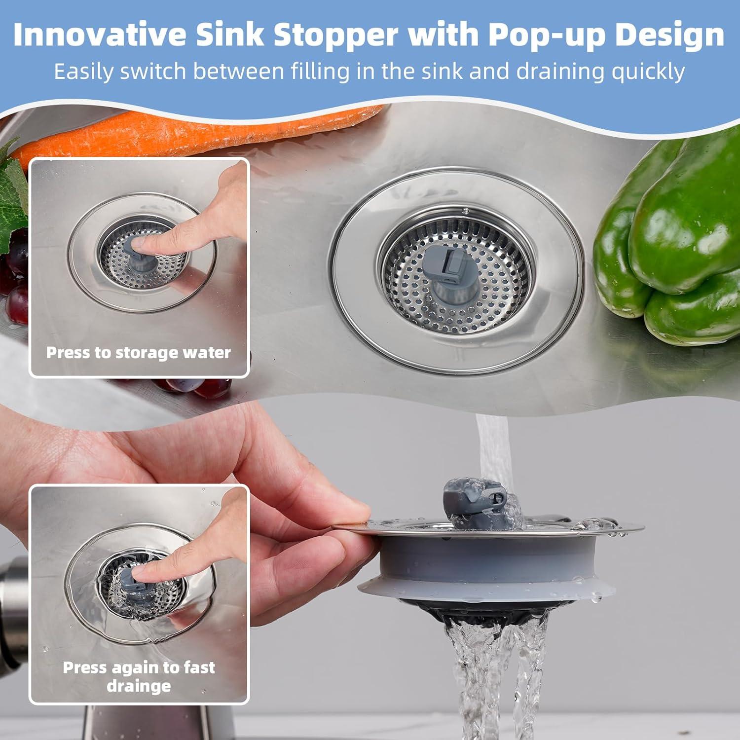 Hibbent 3-in-1 Kitchen Sink Drain Strainer  Stopper , Stainless Steel Pop-Up Design, Anti-Clogging Metal Basket with Handle, Compatible with US Standard 3-1/2" Drain
