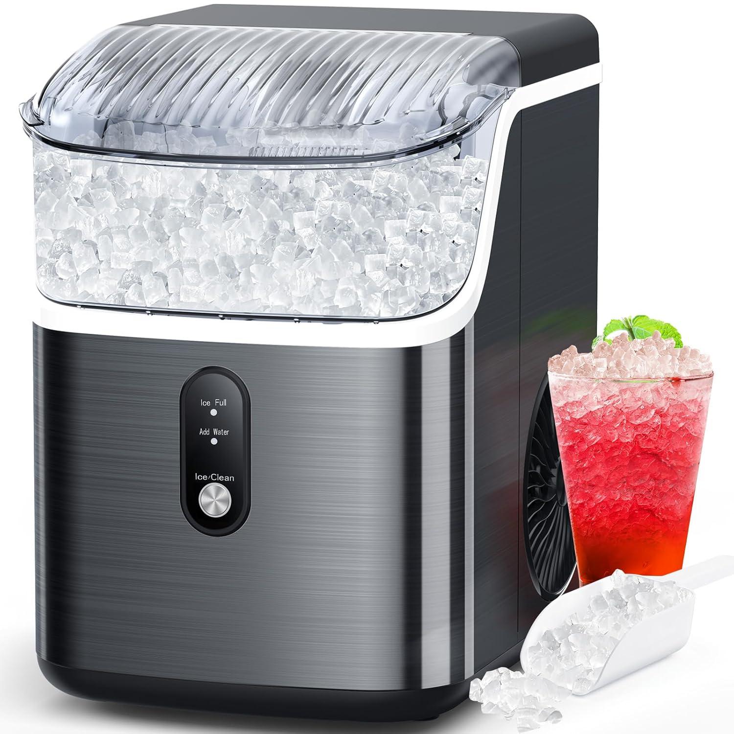 Compact Black Stainless Steel Nugget Ice Maker with Scoop