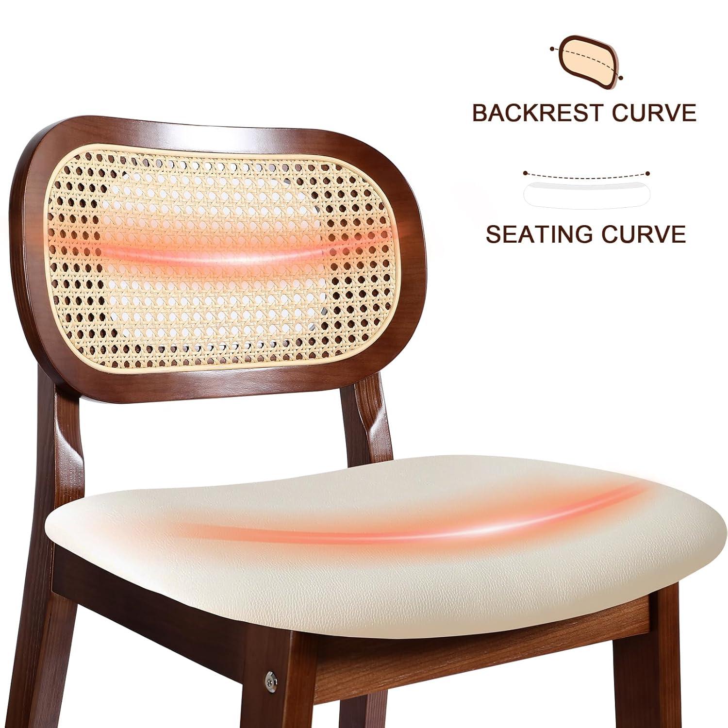 Lucky Monet Wood Upholstered Counter Height Bar Stools with Rattan Back - 36.81"H x 17.72"W x 18.7"D Set of 2 - White Faux Leather/ Brown Frame