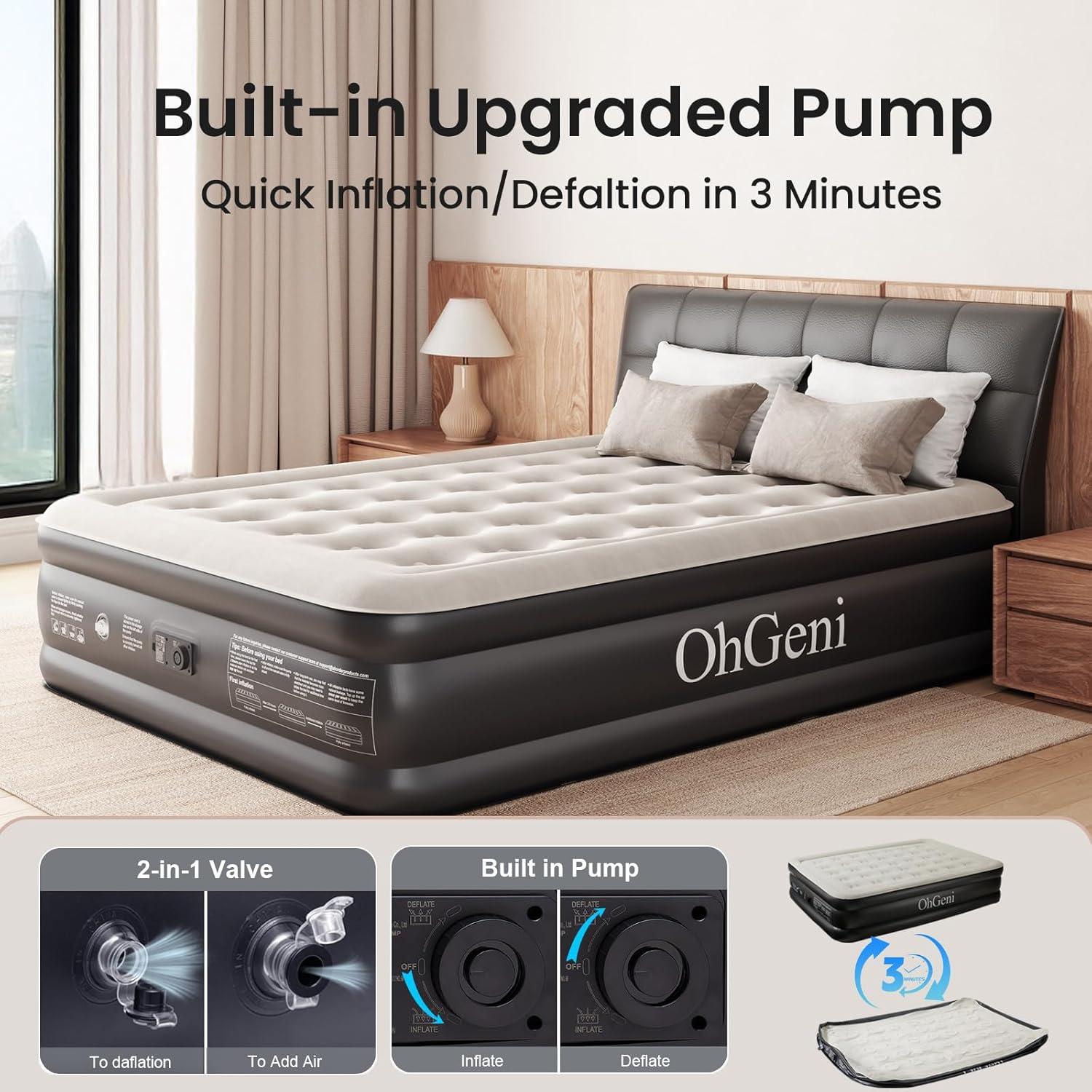OhGeni Queen Raised Black PVC Air Mattress with Pump