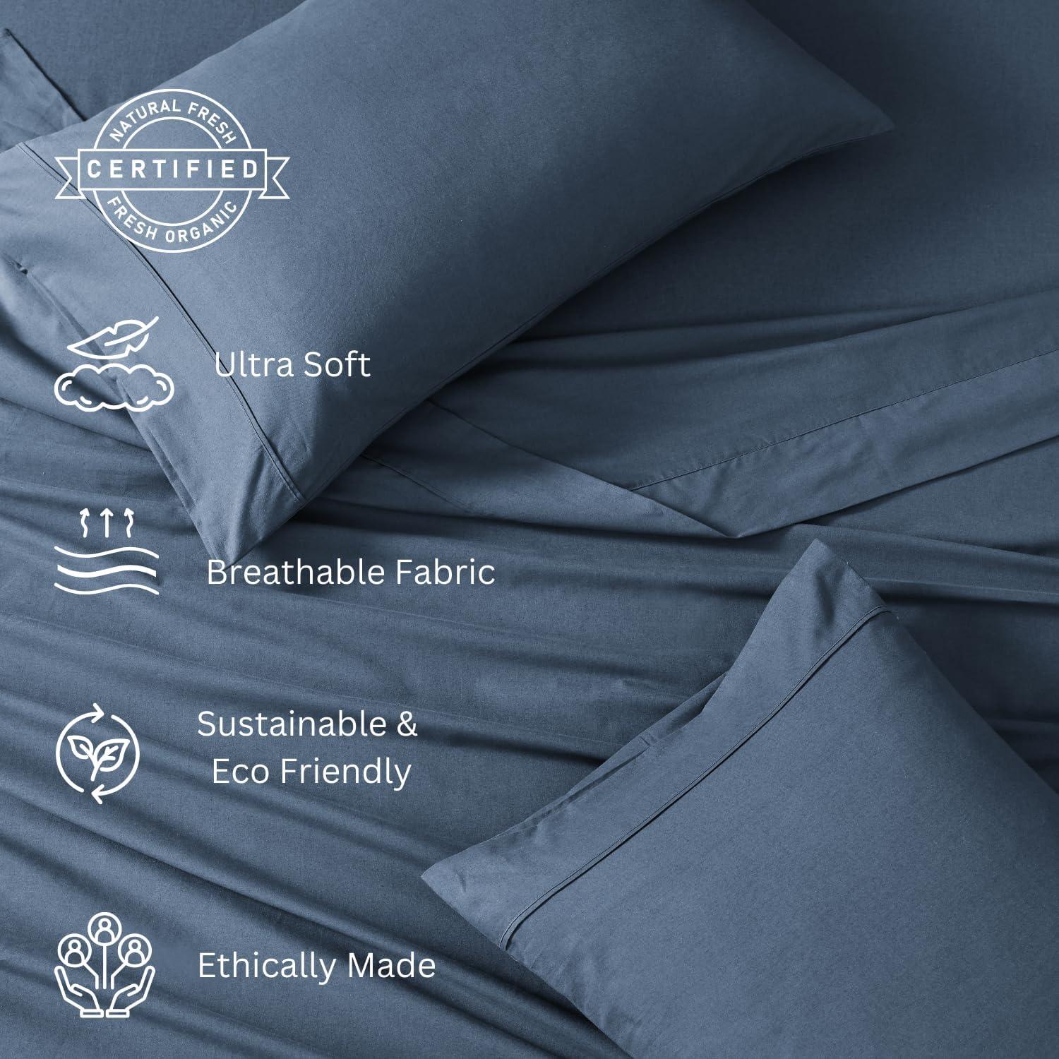 LANE LINEN 100% Organic Cotton Sheets Twin Size, Mercerized Cotton Fully Elasticized Soft & Comfy Bedding Sheets & Pillowcase Set, Good for Dorm Room, Deep Pocket Fully Elasticized Sheet- Navy