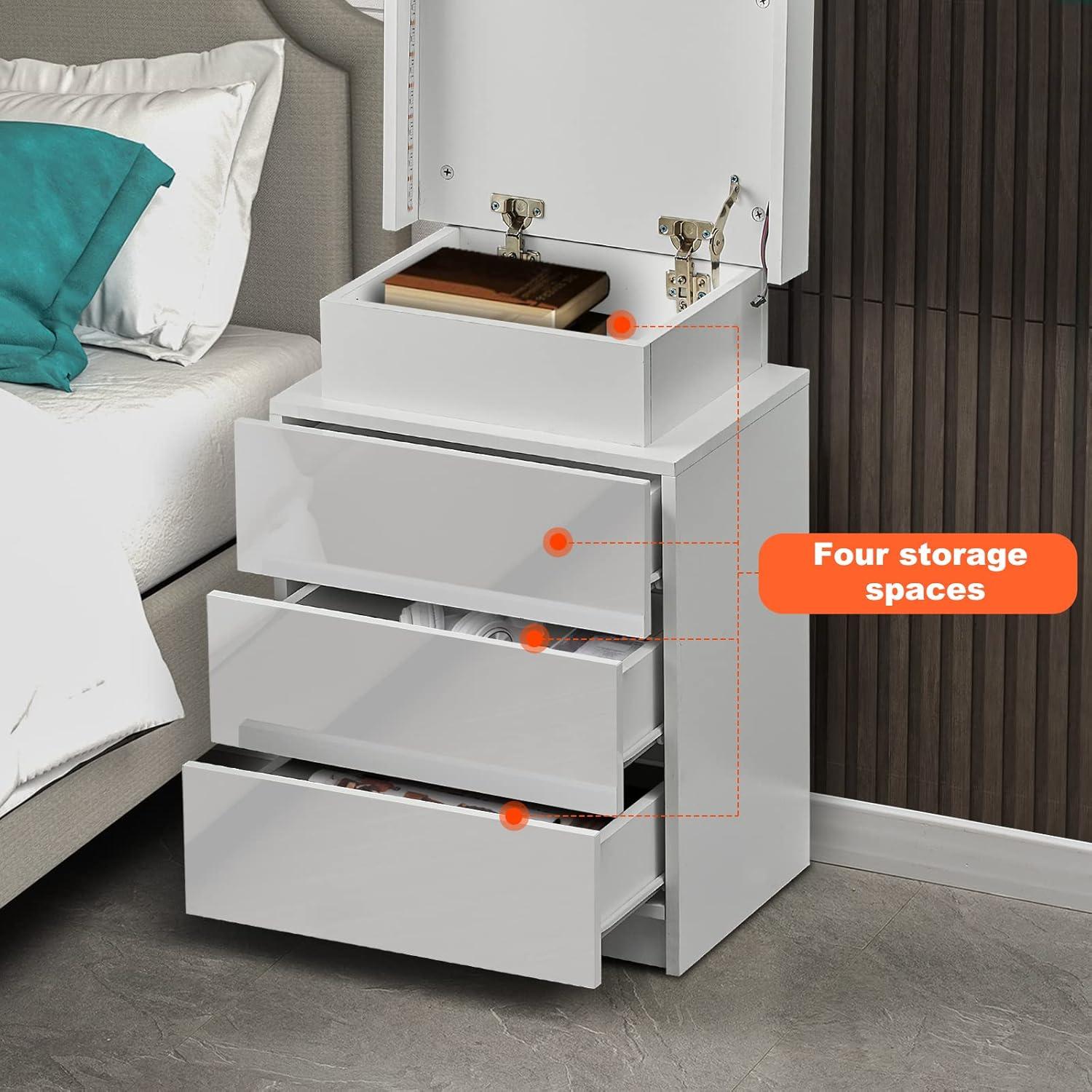 White High Gloss 3-Drawer Nightstand with LED Lights