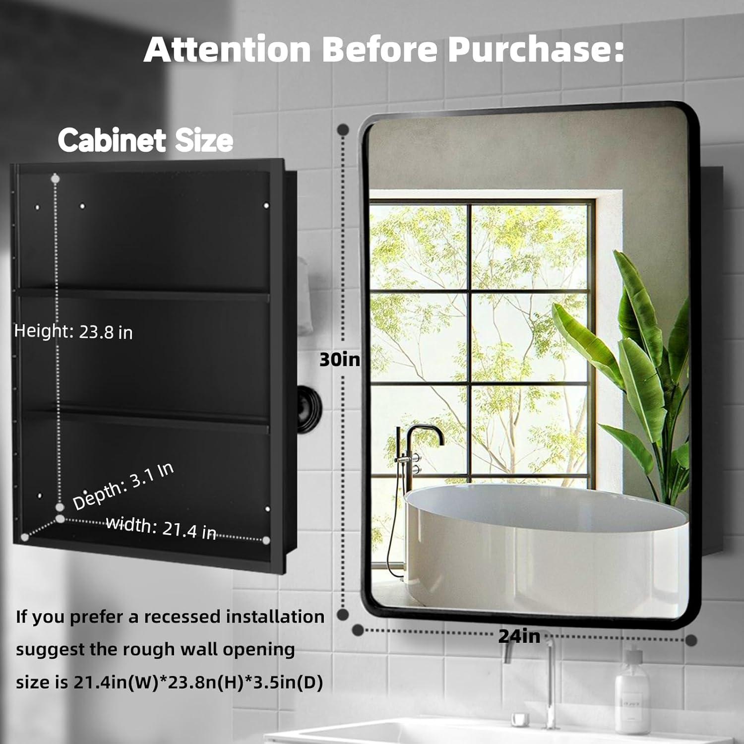 Black Aluminum 24" x 30" Bathroom Mirror Medicine Cabinet