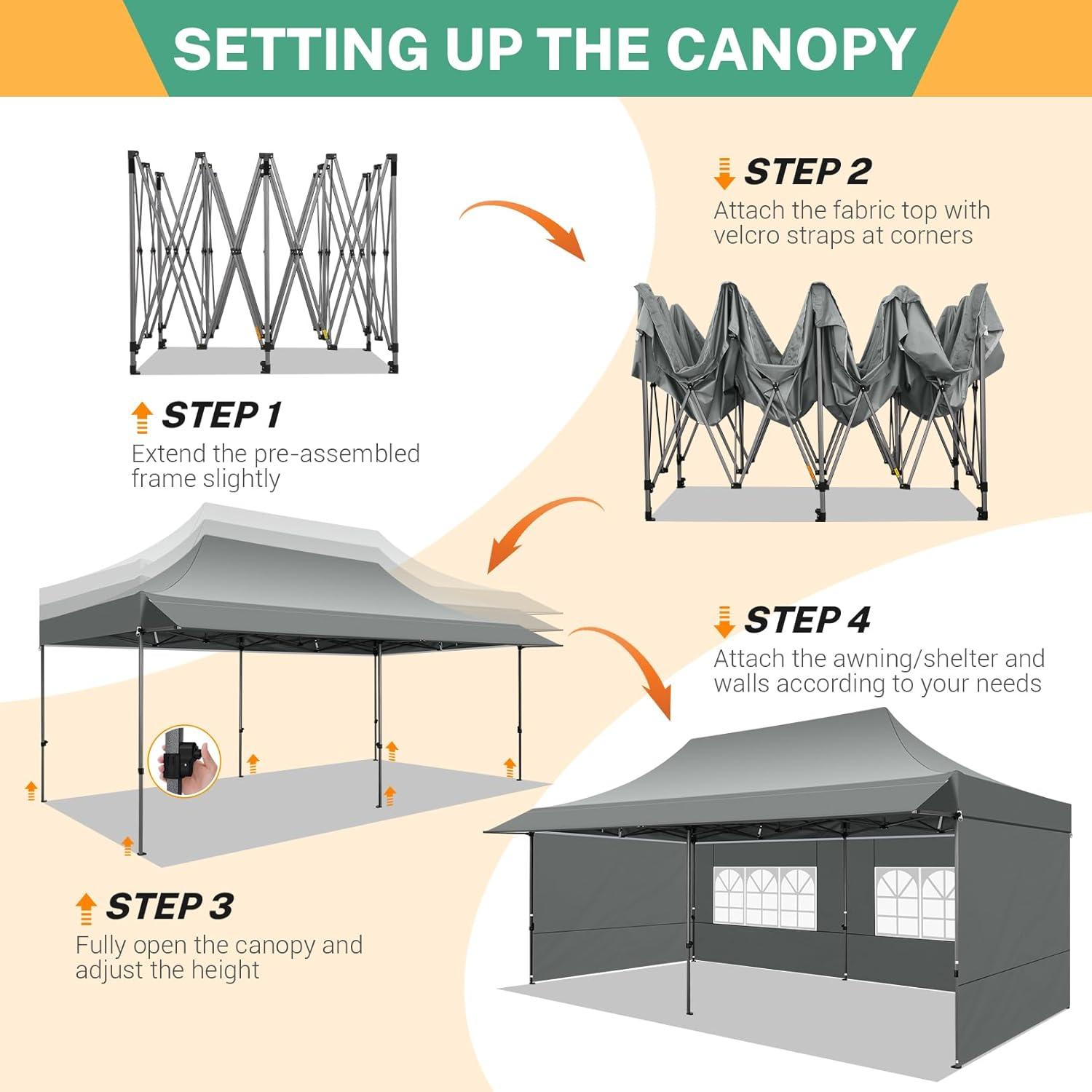 SANOPY 10' x 20' Pop up Canopy Party Tent with Wave Eave, Outdoor Waterproof Patio Gazebo Tent with Carry Bag, Backyards Camping Picnics, Gray