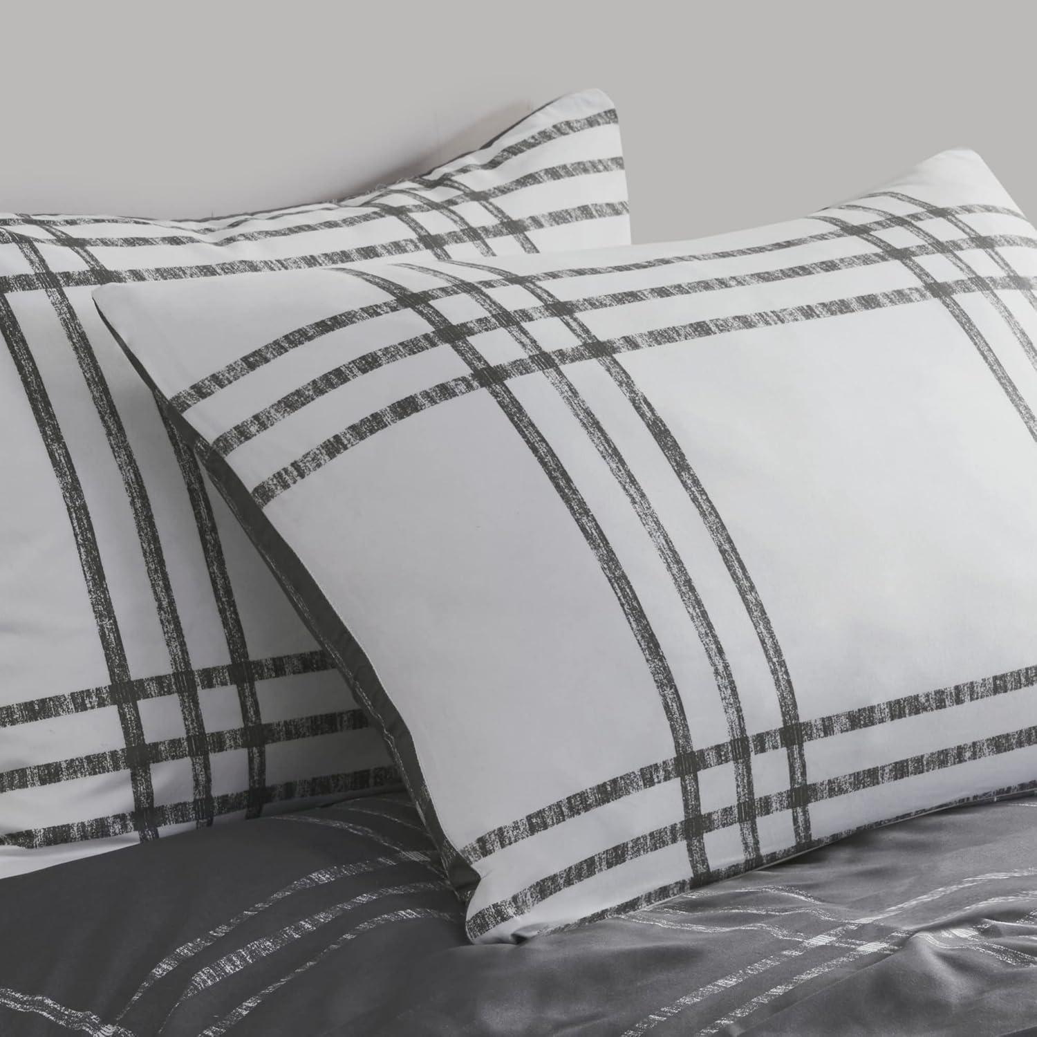 King Gray Microfiber Reversible Plaid Duvet Cover Set