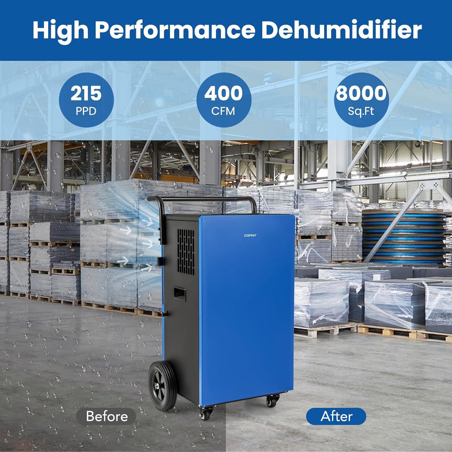 Blue Portable Commercial Dehumidifier with Humidistat and Timer