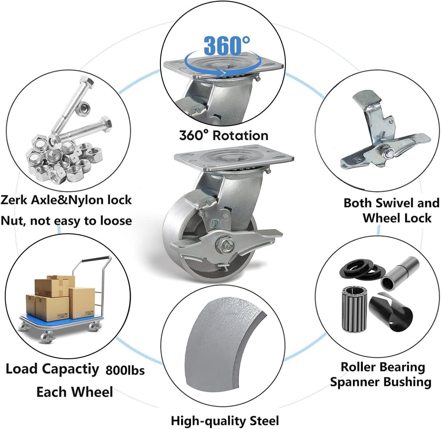 Service Caster Tool Box Caster Wheel Set – 4 Inch Semi Steel Cast Iron Swivel Casters – SCC
