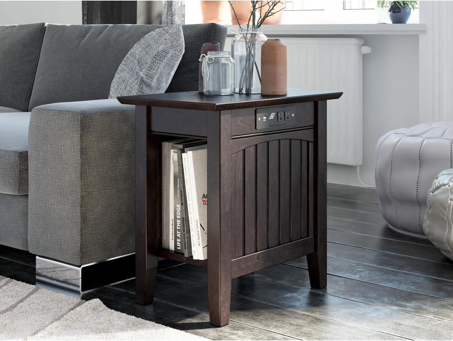 Espresso Wood Rectangular Side Table with USB Charging Station