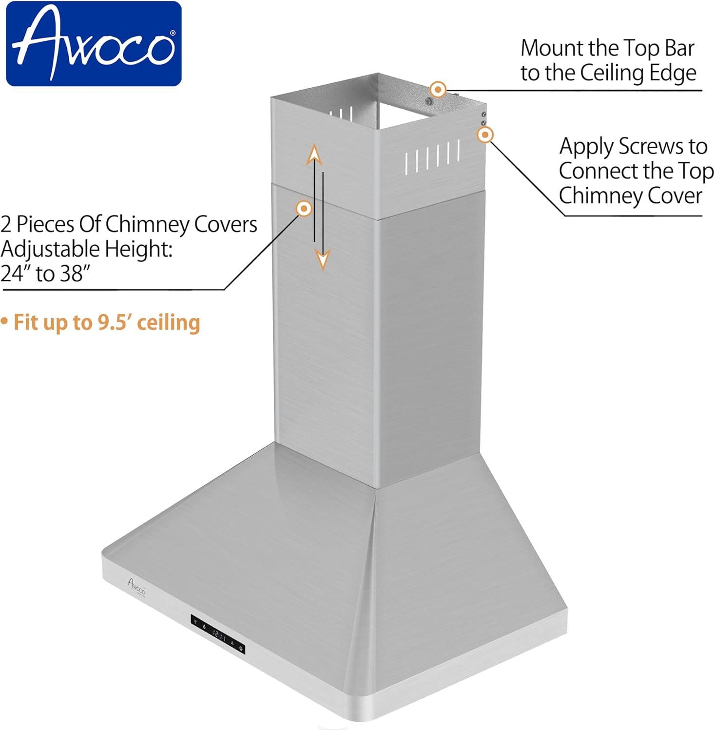 Awoco 30" Stainless Steel 800 CFM Ducted (Vented) Wall Range Hood with Baffle Filter