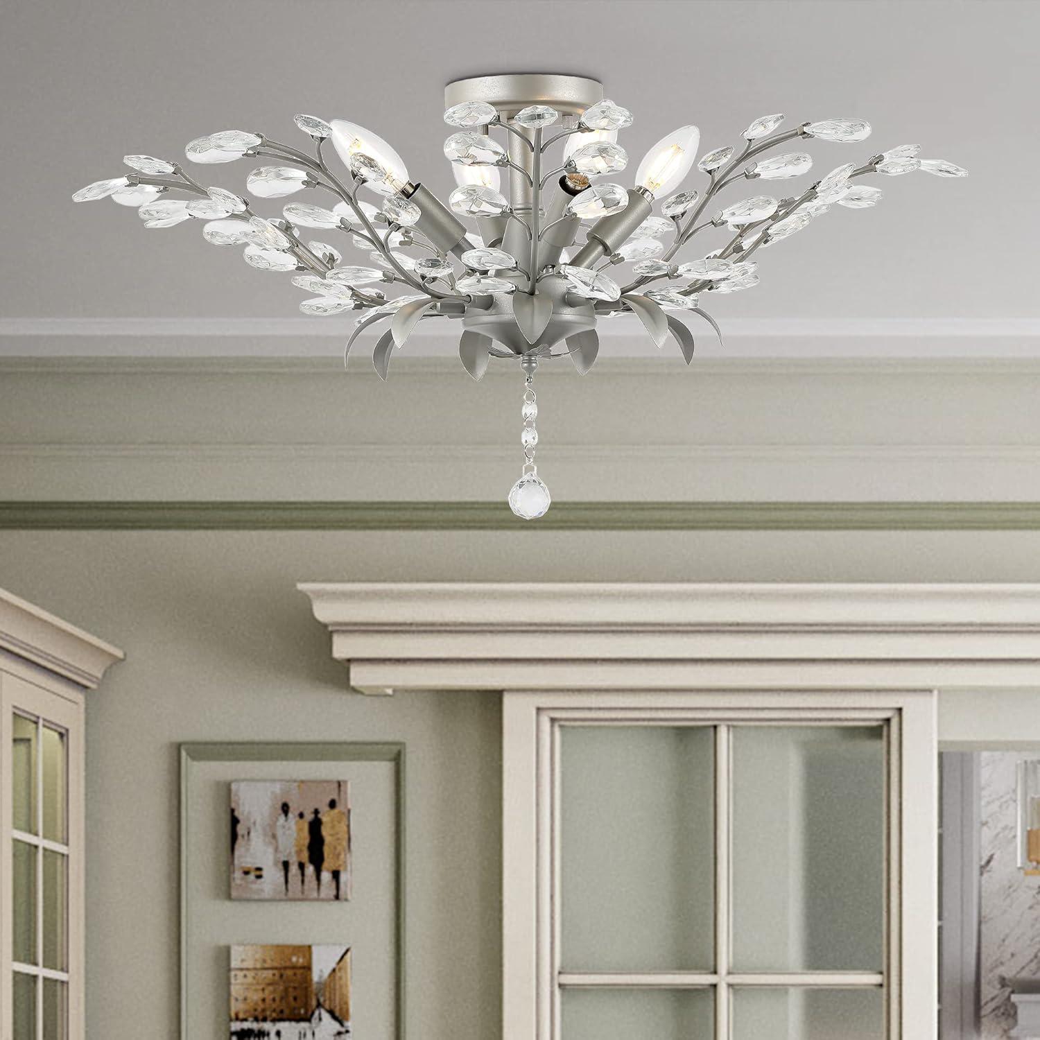 Bohemian Silver Crystal 26" LED Antler Ceiling Light