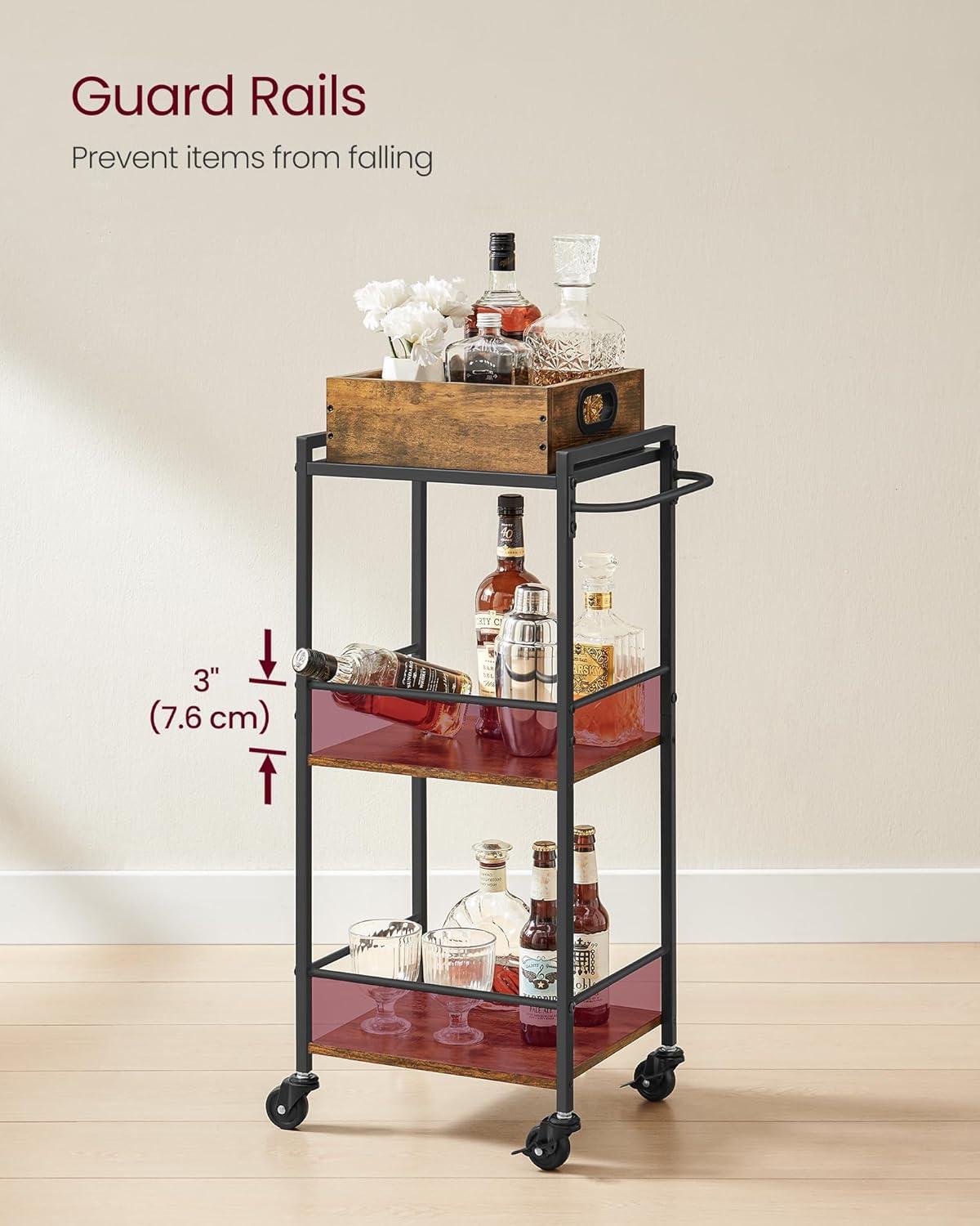 VASAGLE Kitchen Serving Cart with Removable Tray, 3-Tier Kitchen Utility Cart on Wheels with Storage, with Brakes, Rustic Brown and Black