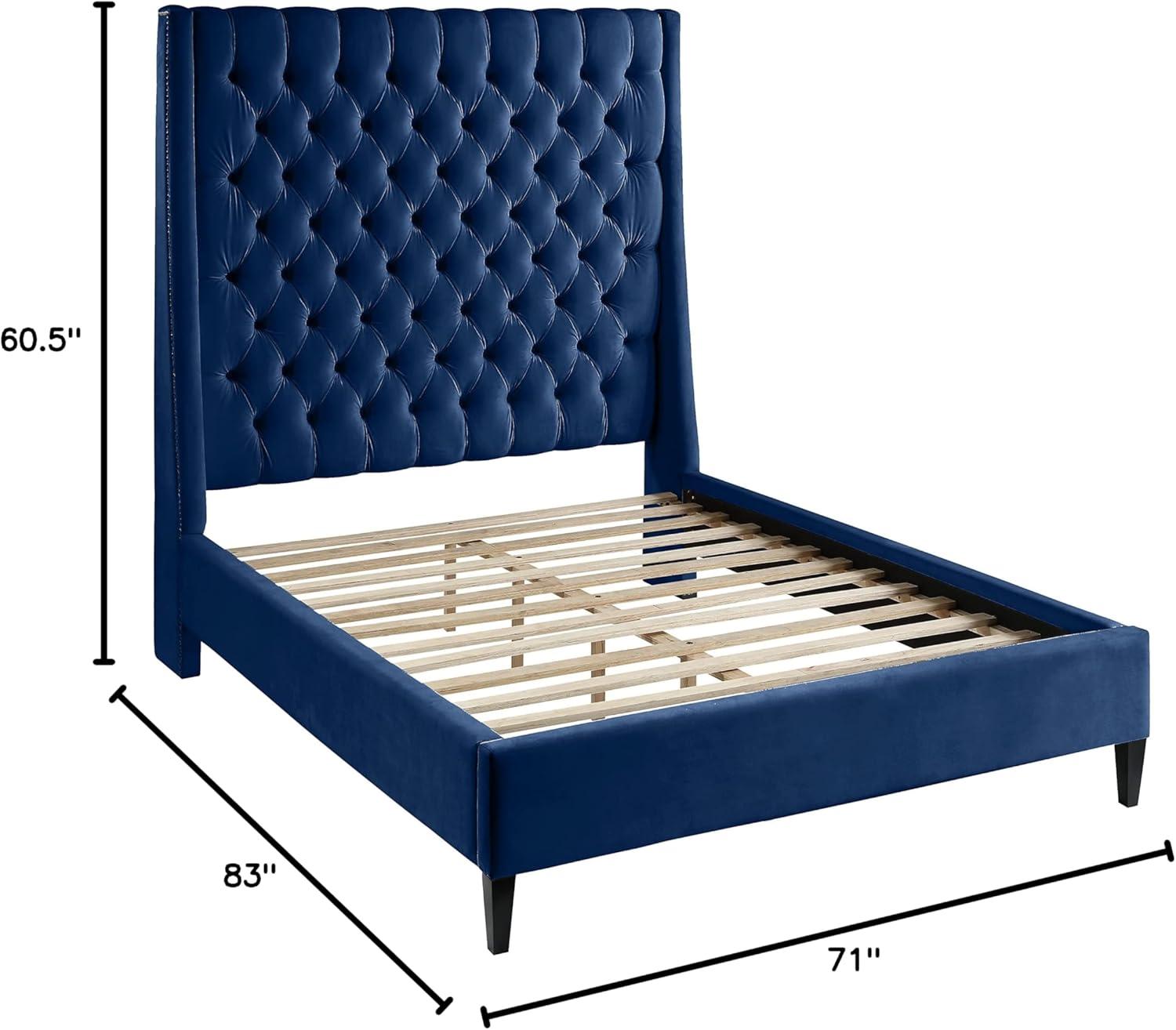 Elegant Navy Velvet Full Bed with Brass Nailhead Trim and Tufted Headboard