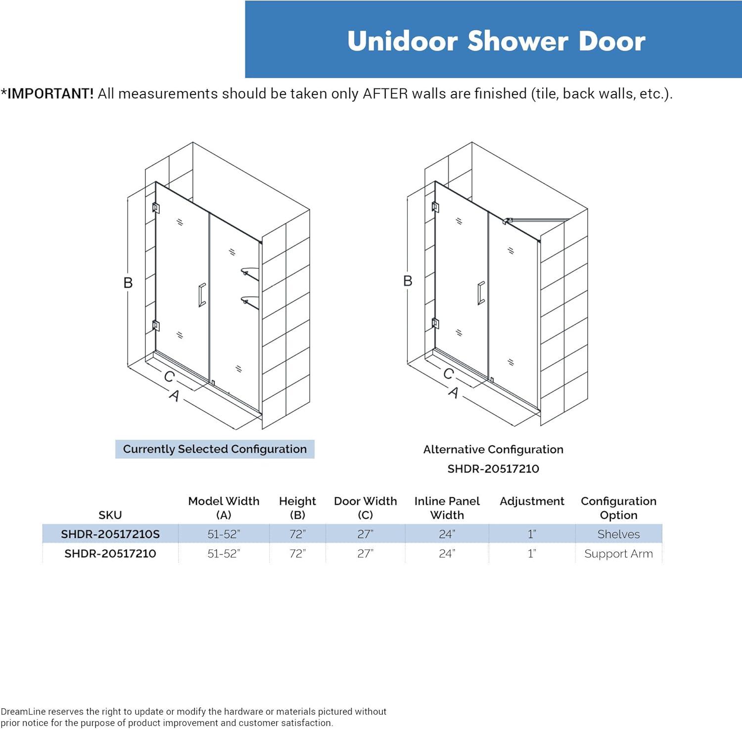 Unidoor Frameless Hinged Shower Door with Glass Shelves