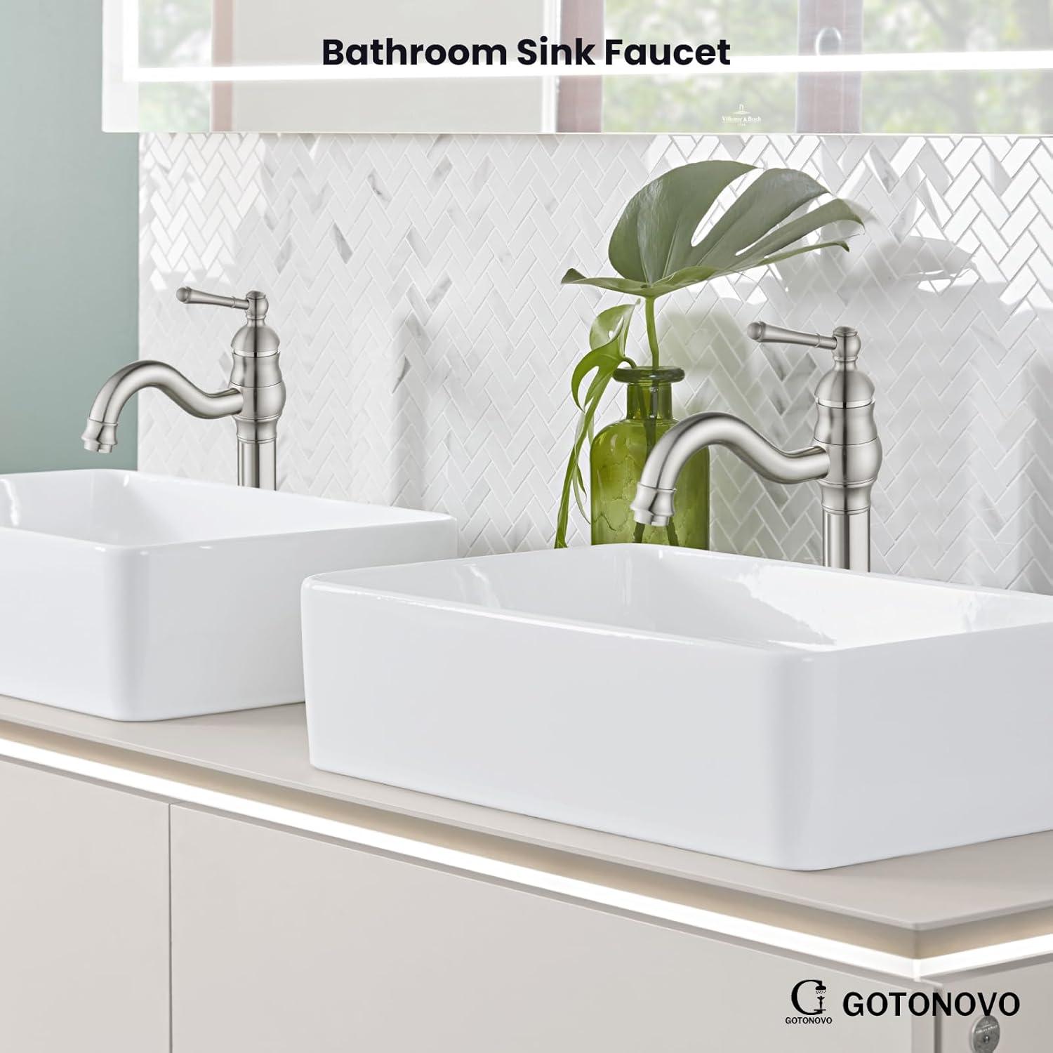 gotonovo Single Handle Vessel Sink Faucet 360° Swivel Bathroom Faucet One Hole Farmhouse Lavatory Vanity Faucet Bowl Sink Mixer Tap Without Pop Up Drain, Brushed Nickel