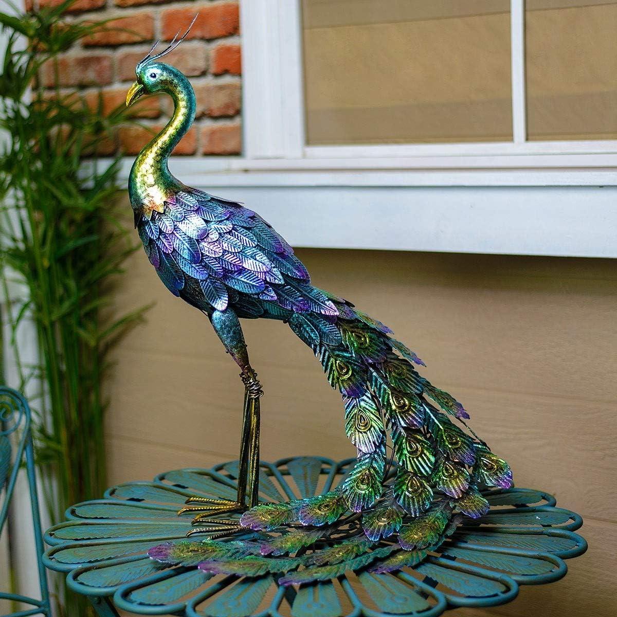 28" Metal Peacock Outdoor Decor With Glossy Finish Statue - Alpine Corporation: Garden Art, No Battery Required