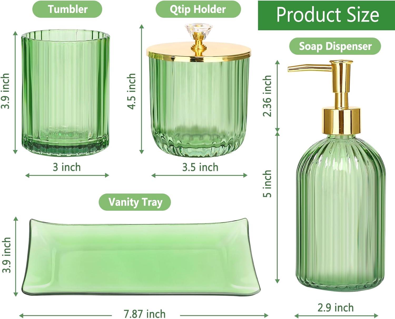 Green Glass Bathroom Accessories Set with Gold Accents, 4 Pieces