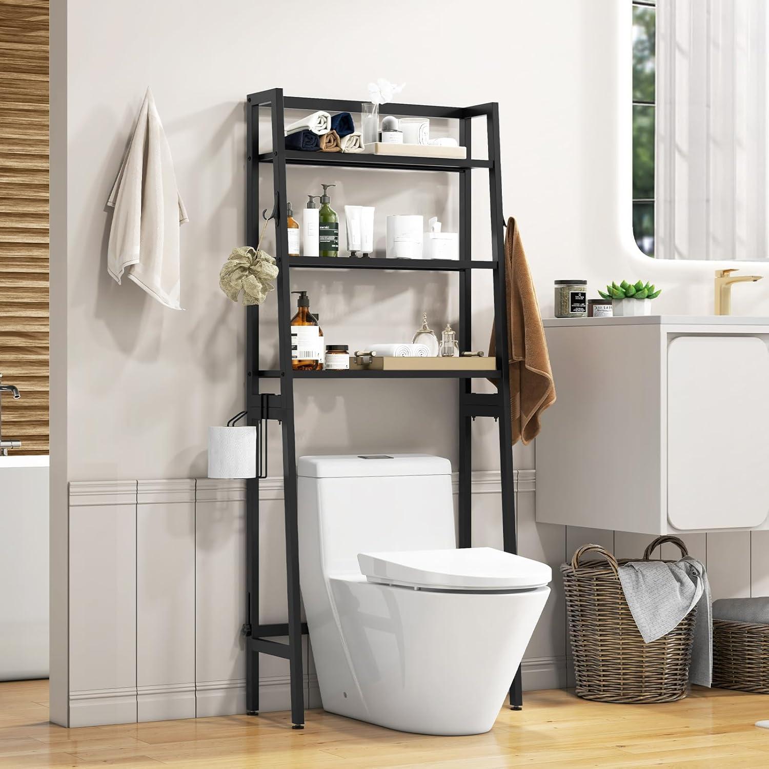 Tangkula Over-the-Toilet Storage 3-Tier Freestanding Bathroom Organizer Shelf w/ 2 Hanging Hooks & Toilet Paper Holder Black