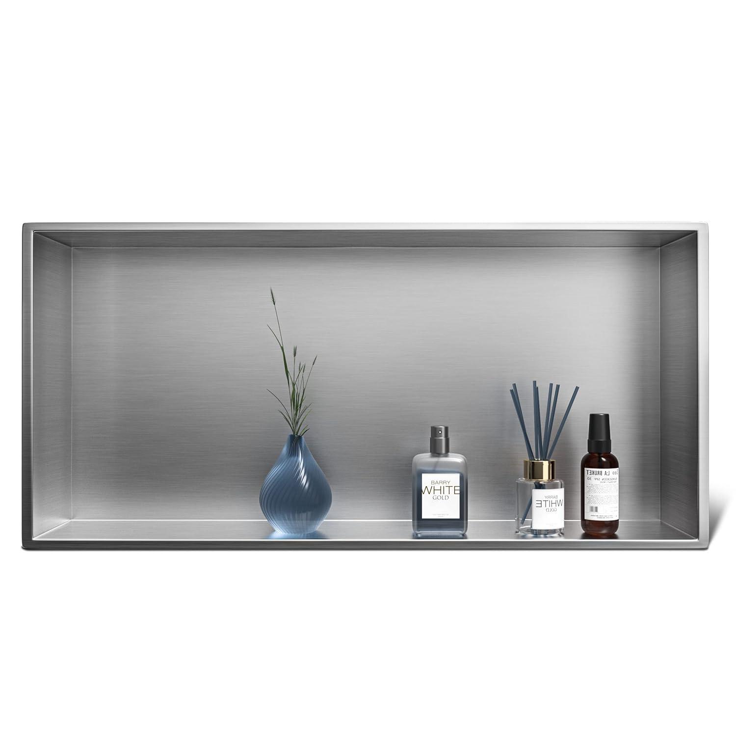 Stainless Steel Shower Niche 24" X 12" Brushed No Tile Needed Niche Shower Recessed Wall Horizontal Niches for Bathroom Storage Over Mount Installation