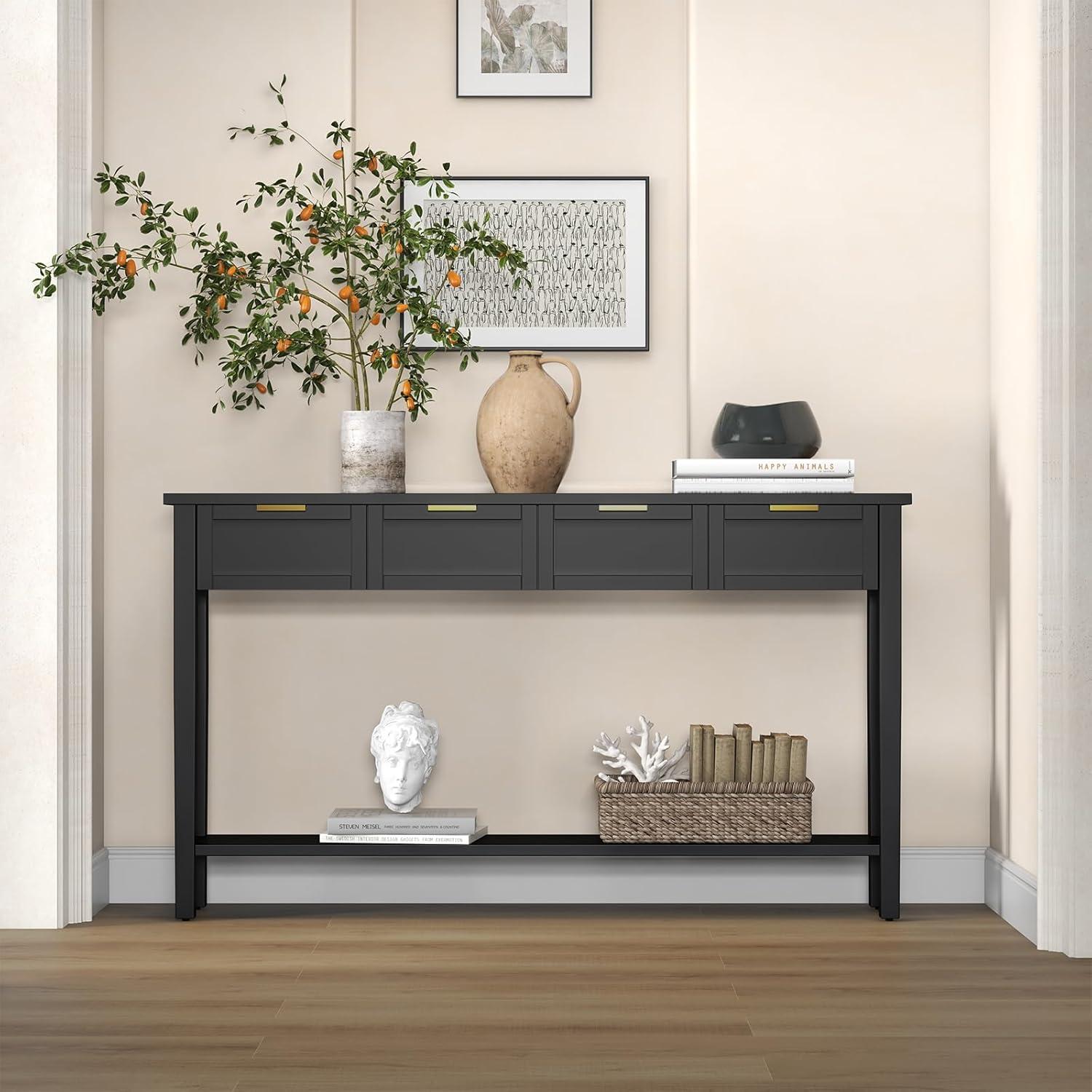 Kinfant Morden Console Table with Drawers, Narrow Sofa Table with Storage Shelf for Living Room, Entryway, Hallway, Black