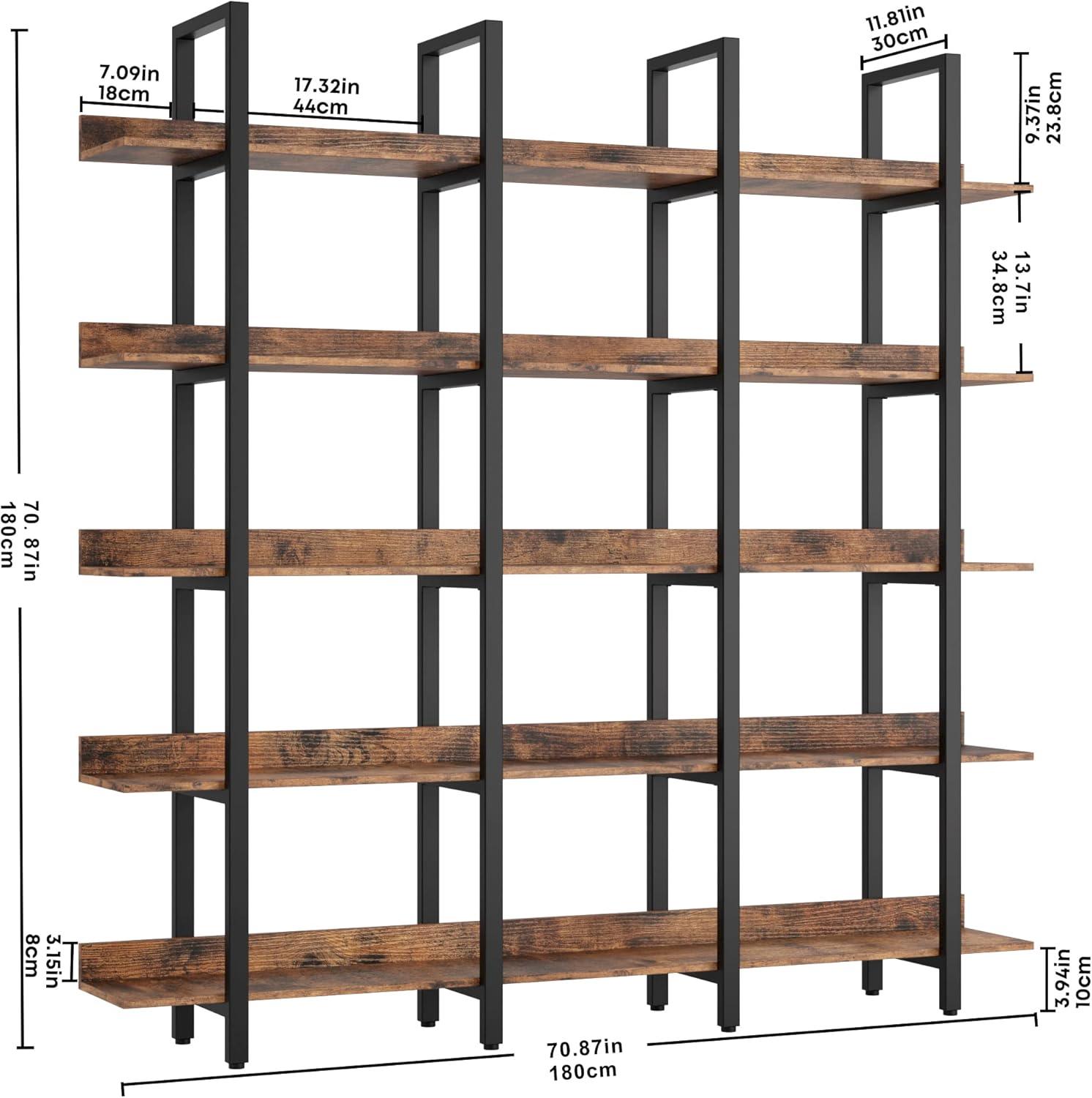 IRONCK Triple Wide 5 Tiers Large Open Shelves, Etagere Bookcases with Back Fence for Home Office Decor, Easy Assembly, Vintage Brown