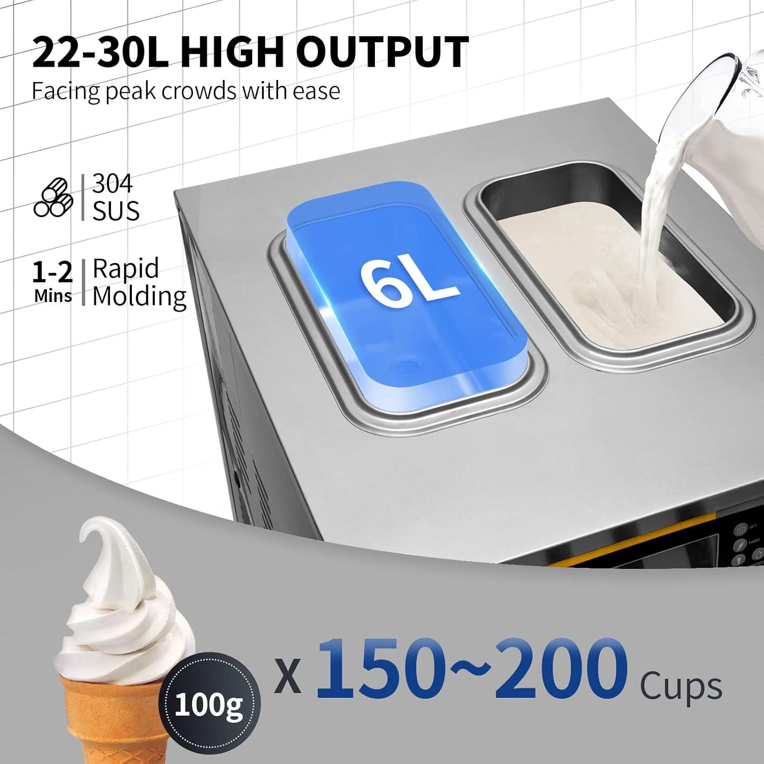 BENTISM Máquina para Hacer Helados Comercial, Rendimiento de 22-30 L/h, Máquina para Servir Suave con Encimera de 2350 W con Tolva de 2x6 L, Panel LCD de 2 L, Alarma de Falta de Hinchamiento, Máquina para Hacer Yogur Congelado para Bar de Snacks de Restaurante