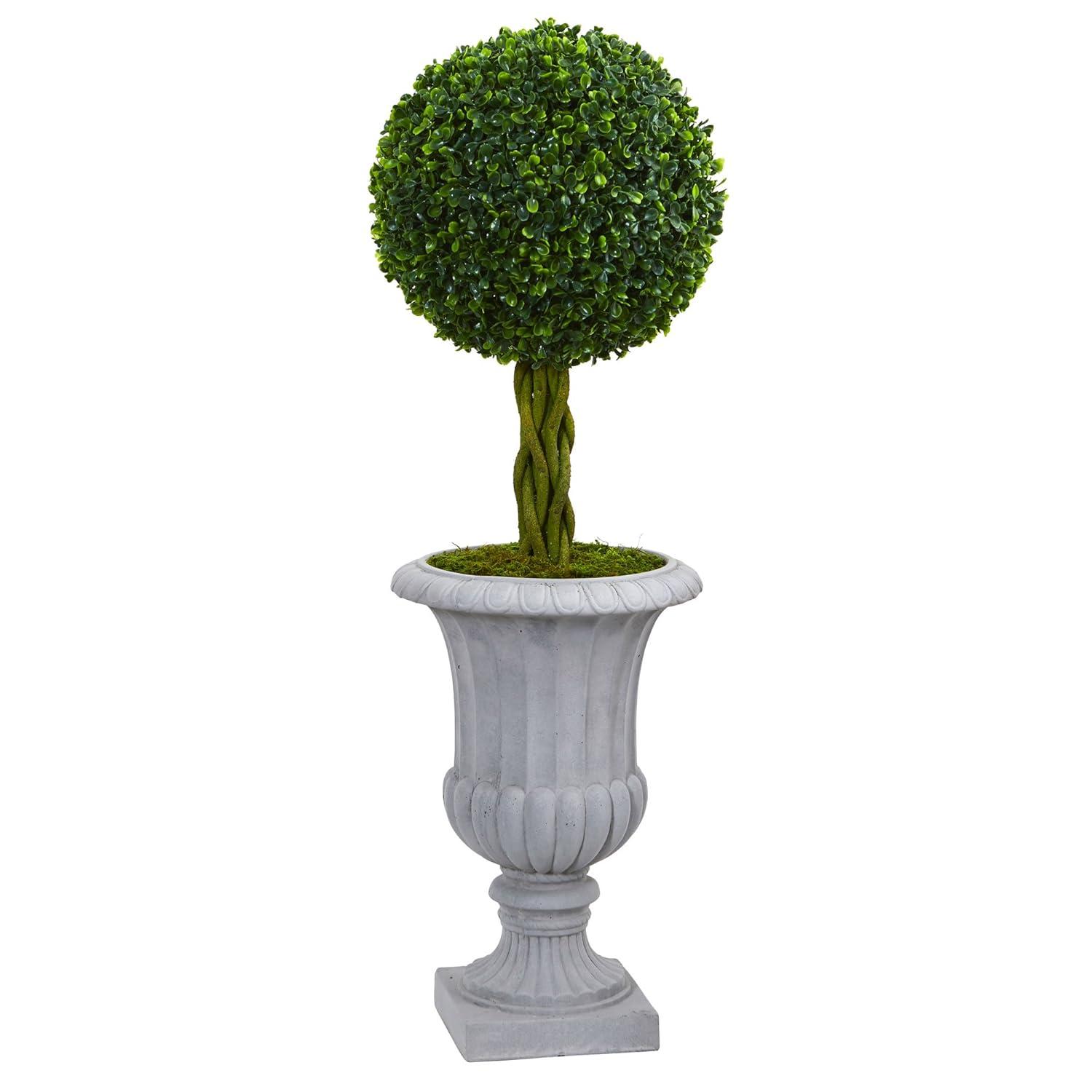 Elegant Silk Boxwood Topiary in Sophisticated Gray Urn, 37"