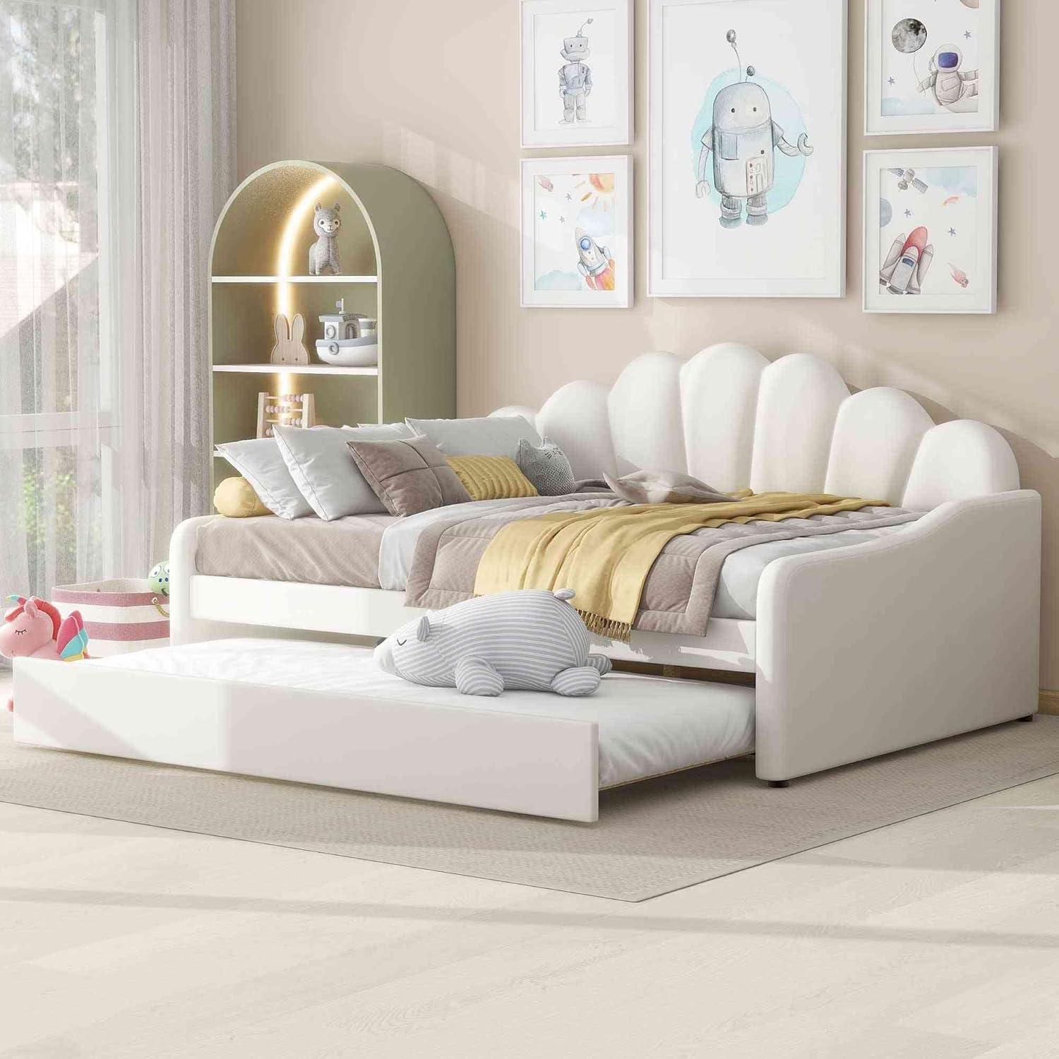 ATY Full Size Upholstery Daybed with Trundle and Backrest, Shall Shaped Bedframe, Sofa Design, for Bedroom, Guestroom, Small Space, Beige