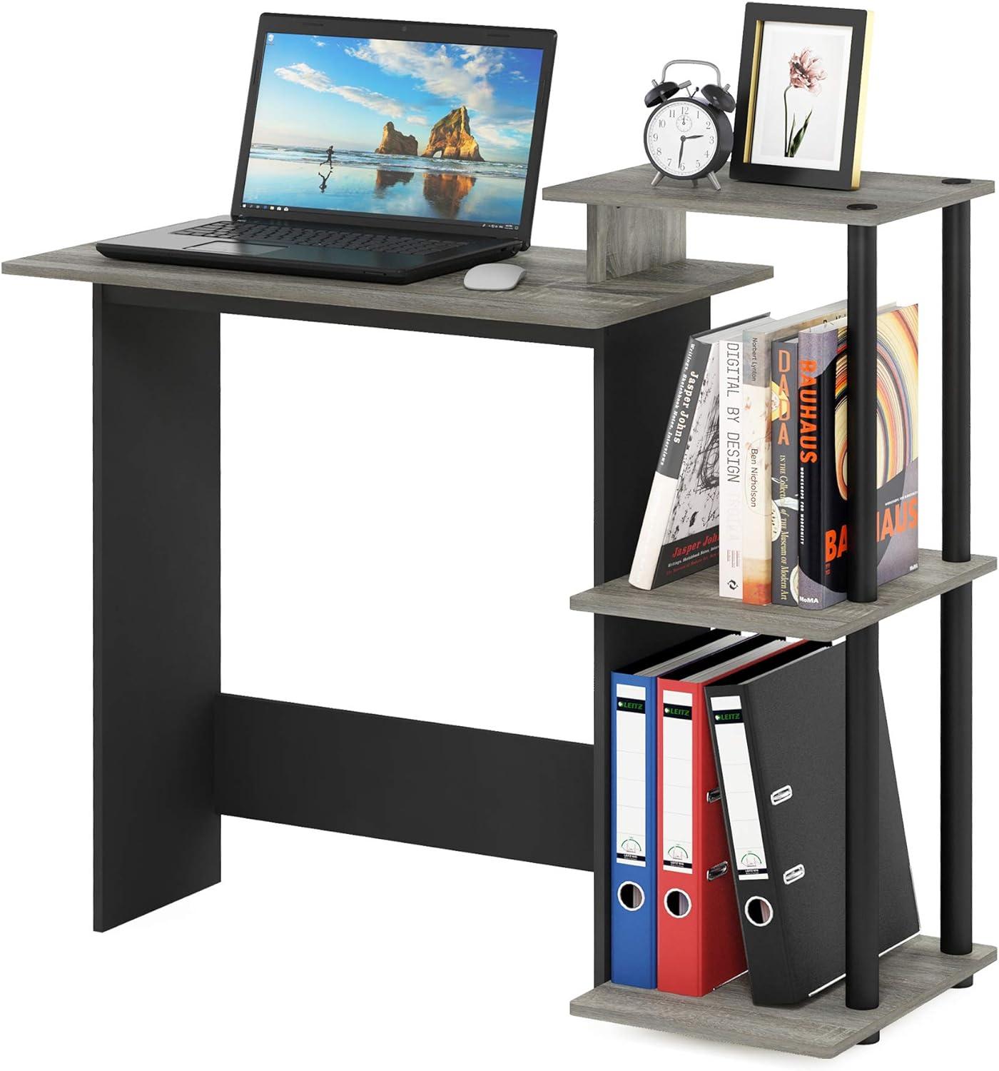Compact French Oak Grey/Black Laptop Desk with Drawer