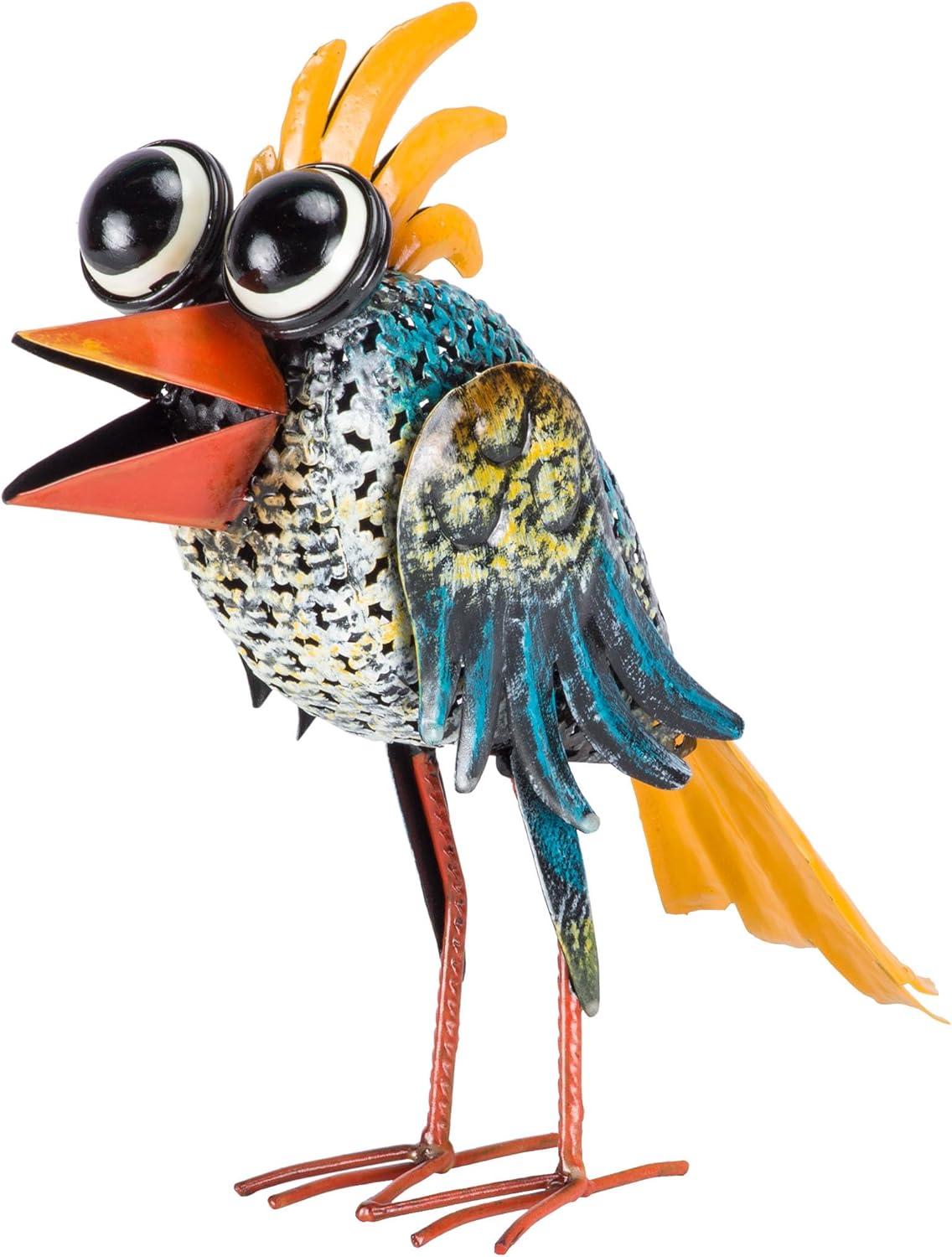 Quirky Multi-Colored Metal Wide-Eyed Bird Lawn Ornament