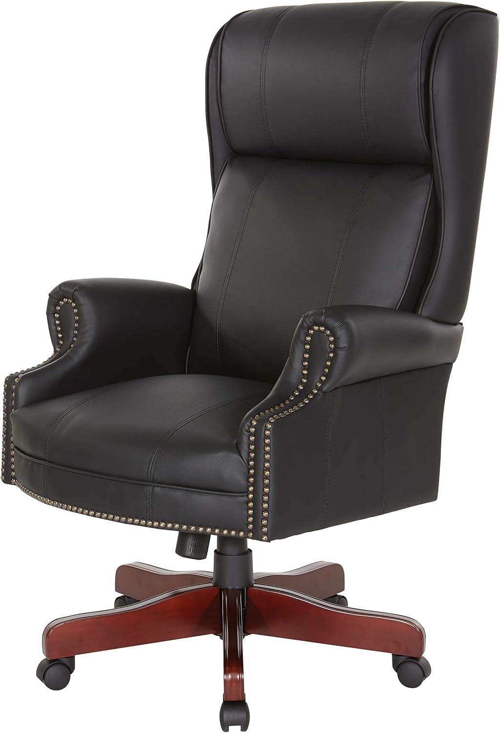 Traditional High Back Executive Chair in Black Leather with Brass Accents