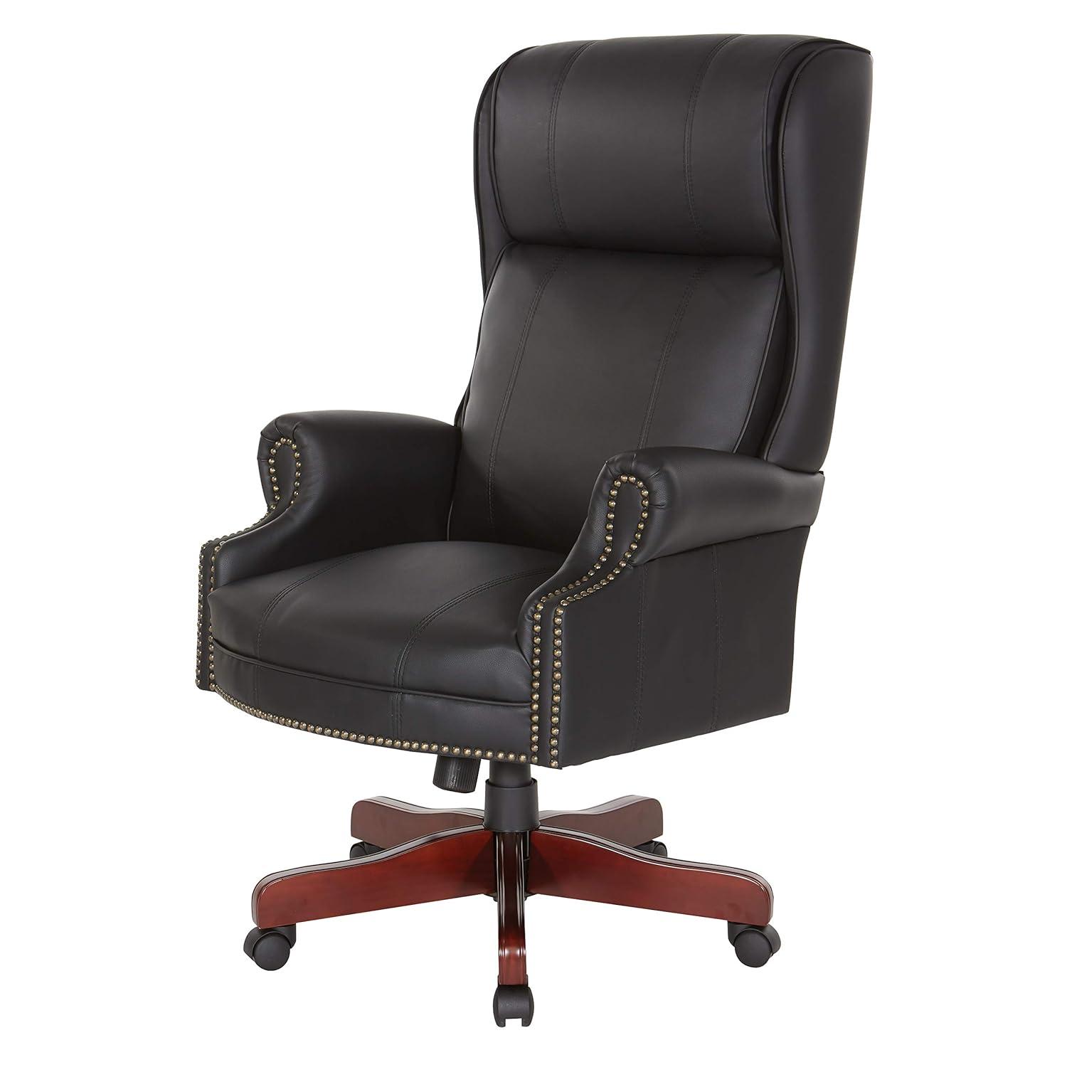 Executive High Back Chair with Black Vinyl and Brass Finish Nail Trim Upholstery