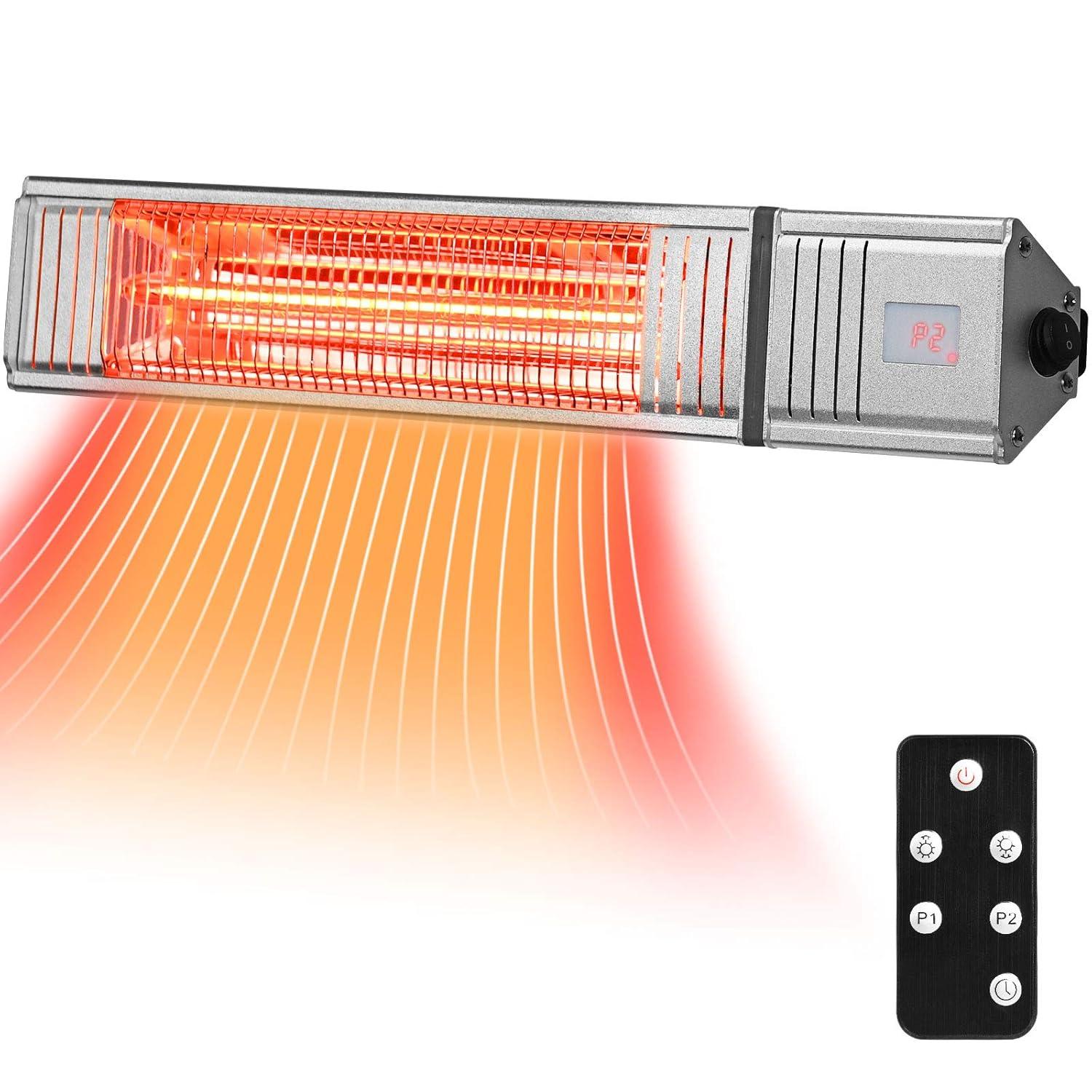 Costway Wall-Mounted Patio Heater 750W/1500W Infrared Heater with 9-Level Adjustable 24H Timer & Remote Control Silver