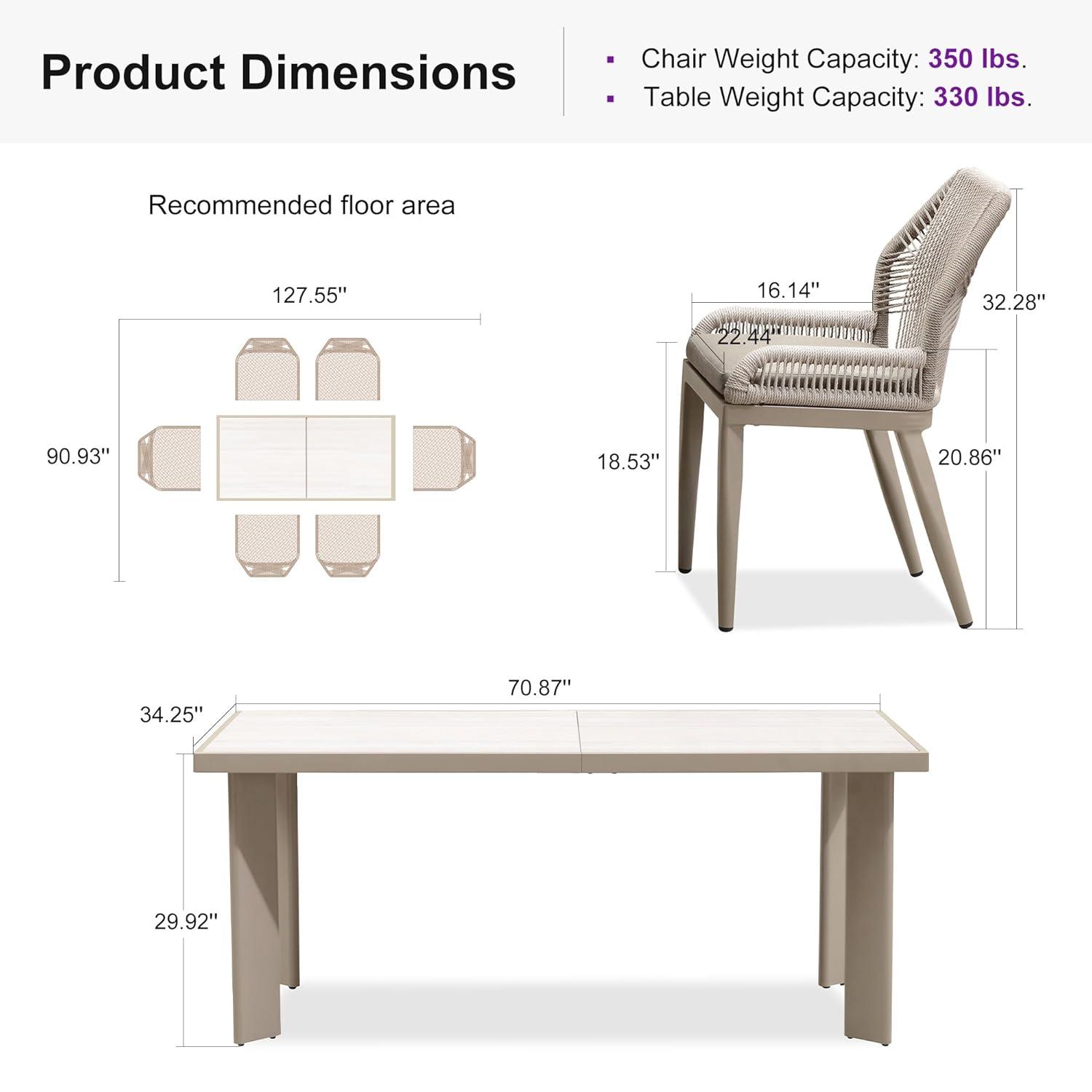 PURPLE LEAF 7 Pieces Patio Dining Set Aluminum Rectangular Table and Wicker Chairs with Cushions for Kitchen Porch Garden Modern Outdoor Furniture Sets, Beige and Dark Grey
