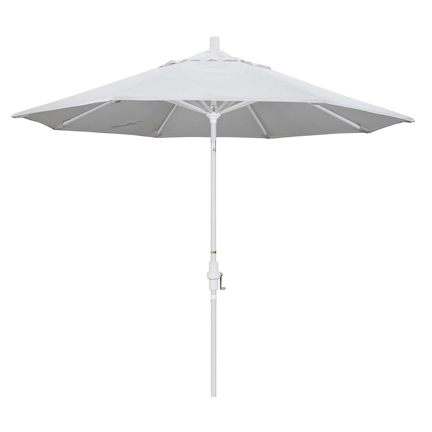 California Umbrella 9' Round Aluminum Patio Umbrella, Crank Lift, Collar Tilt, White Pole, Natural