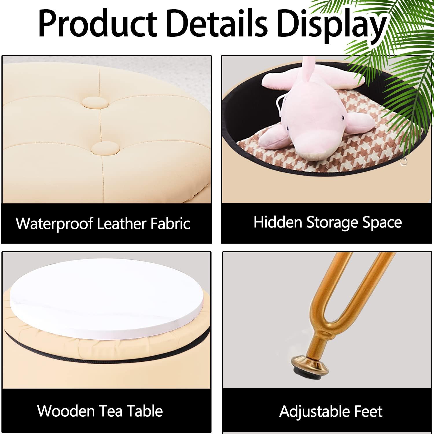 Cpintltr Storage Ottoman Oil Wax Faux Leather Round Footrest Stool Multifunctional Upholstered Ottoman with Metal Legs Modern Vanity Stools Tray Top Coffee Table for Living Room Bedroom White