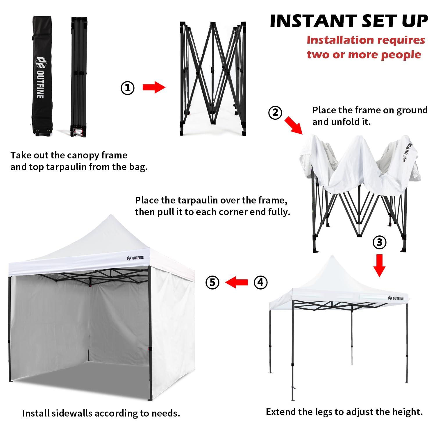 OUTFINE Heavy Duty Canopy 10x10 Pop Up Commercial Canopy Tent with 3 Side Walls Instant Shade, Bonus Upgrade Roller Bag, 4 Weight Bags, Stakes and Ropes (White, 10 * 10FT)