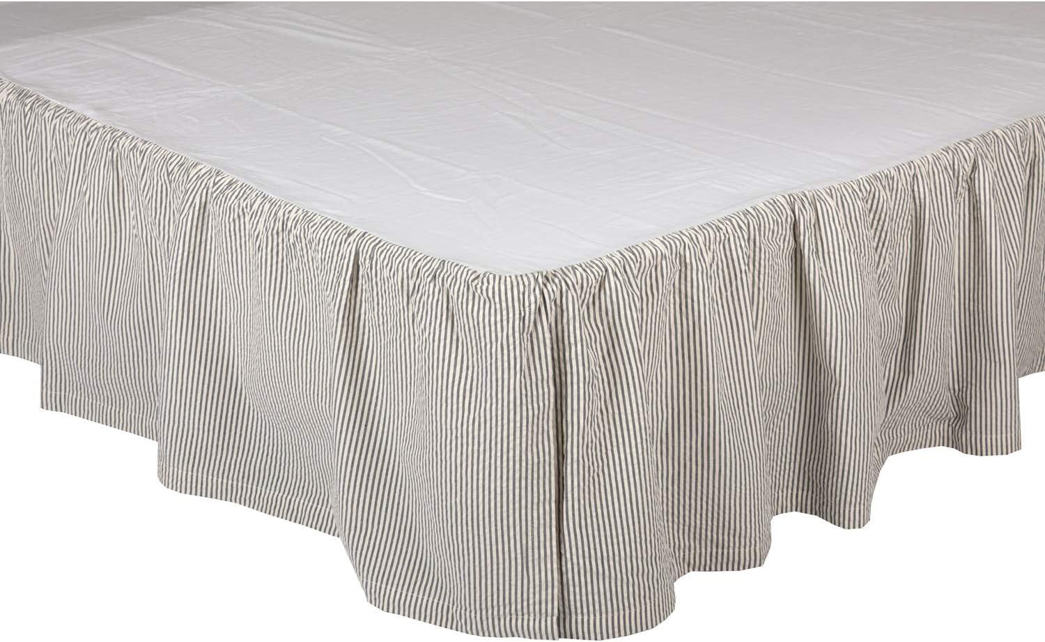 VHC Brands Hatteras Seersucker Ticking Striped Cotton Americana Split Corners Gathered Queen Bed Skirt, 60x80x16, Denim Blue