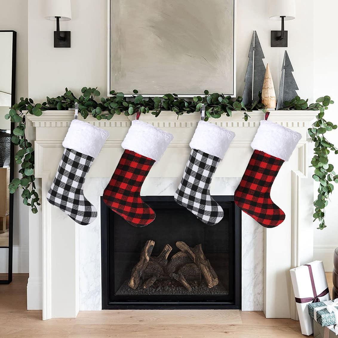 TinyGlam  Christmas Red Black Buffalo Plaid Stockings,6 Pack 18 Inches Large Plaid Stockings with Plush Cuff,Classic Christmas Stockings Decorations for Fireplace Hanging and Holiday Décor