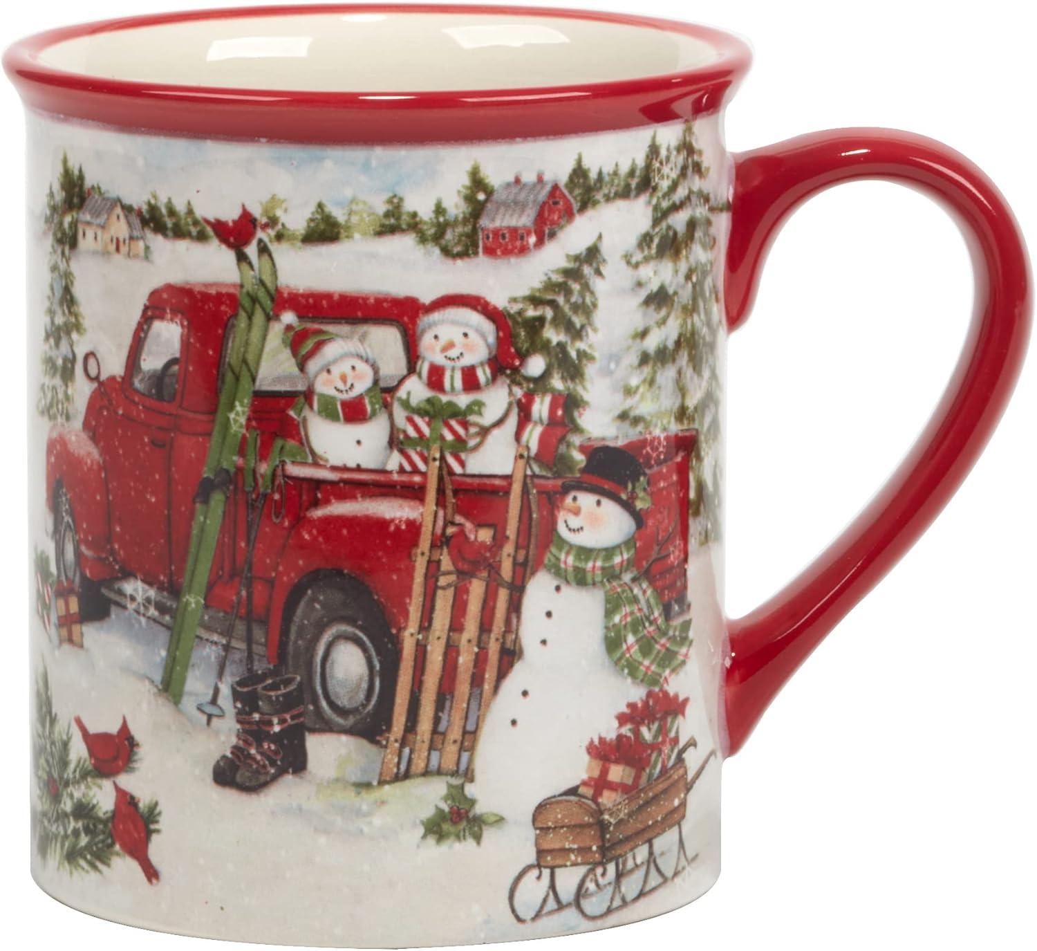 Set of 4 Red Truck Snowman 16oz Drinkware Mugs - Certified International