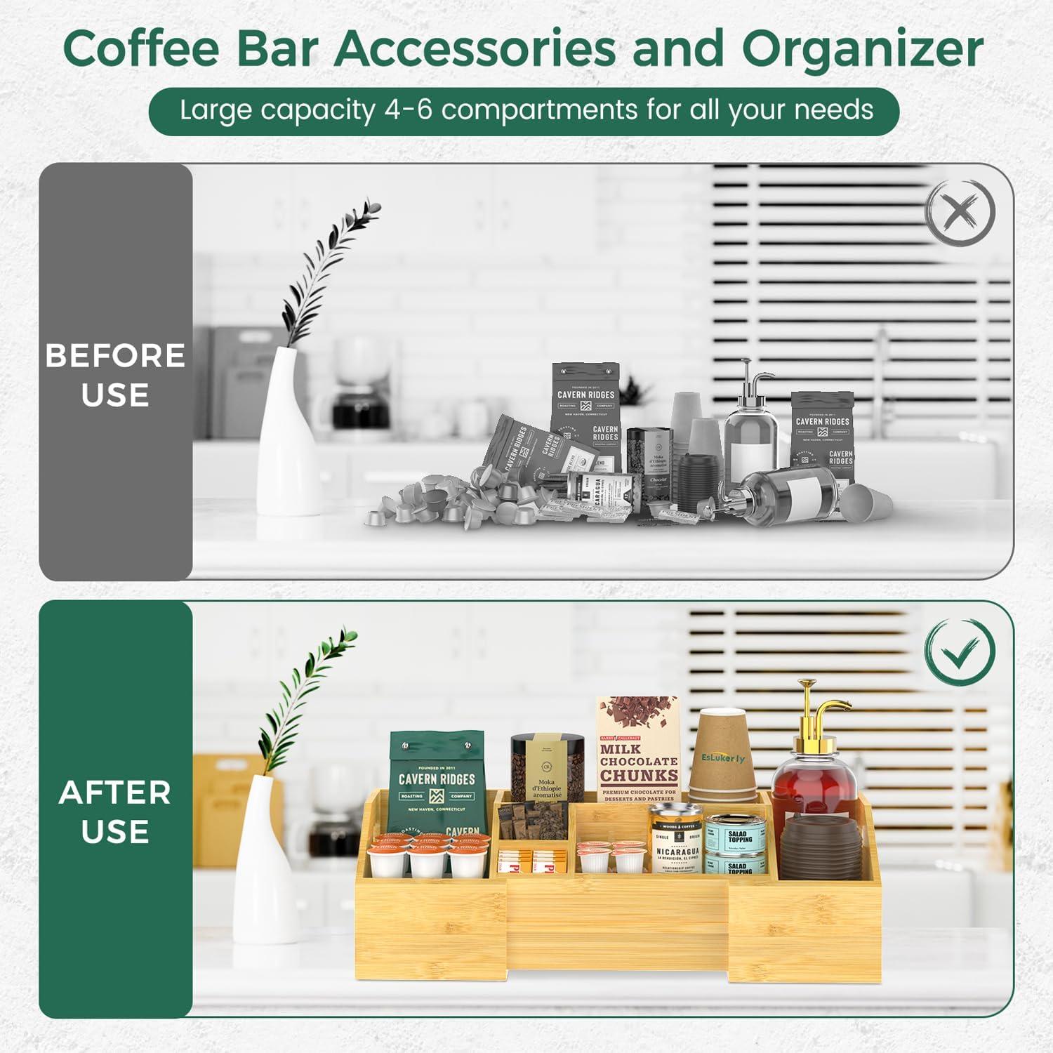 Coffee Station Organizer Countertop, Bamboo Extendable Coffee Bar Condiment Accessories Storage, Space-Saving Coffee Tea Supply For Home Office, Kitchen Coffee Area Nook For Coffee Lovers