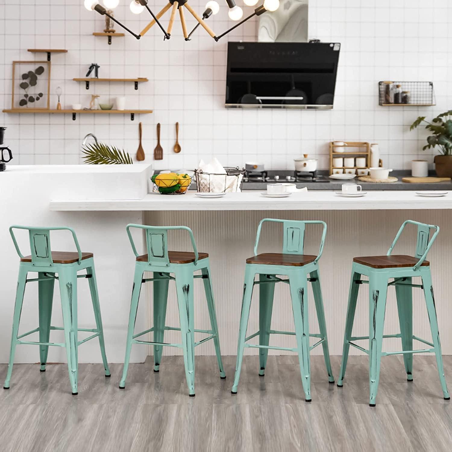 Andeworld Bar Stools Set of 4 Counter Height Stools Industrial Metal Barstools with Wooden Seats( 24 Inch, Distressed Green Blue)