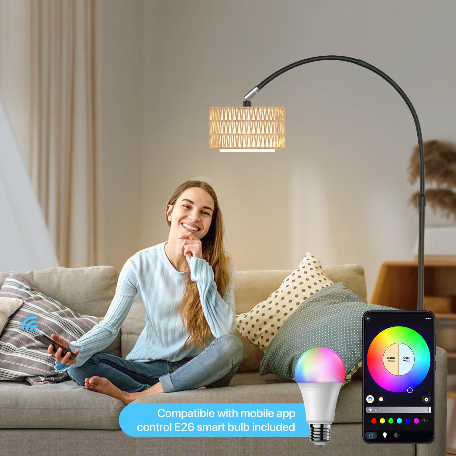 ROTTOGOON Boho Floor Lamp with Dimmable Bulb, Rattan &Linen Double Shades, Boho Standing Tall Lamps with Foot Switch, Bohemian Floor Lamps for Living Room, Bedroom, Office