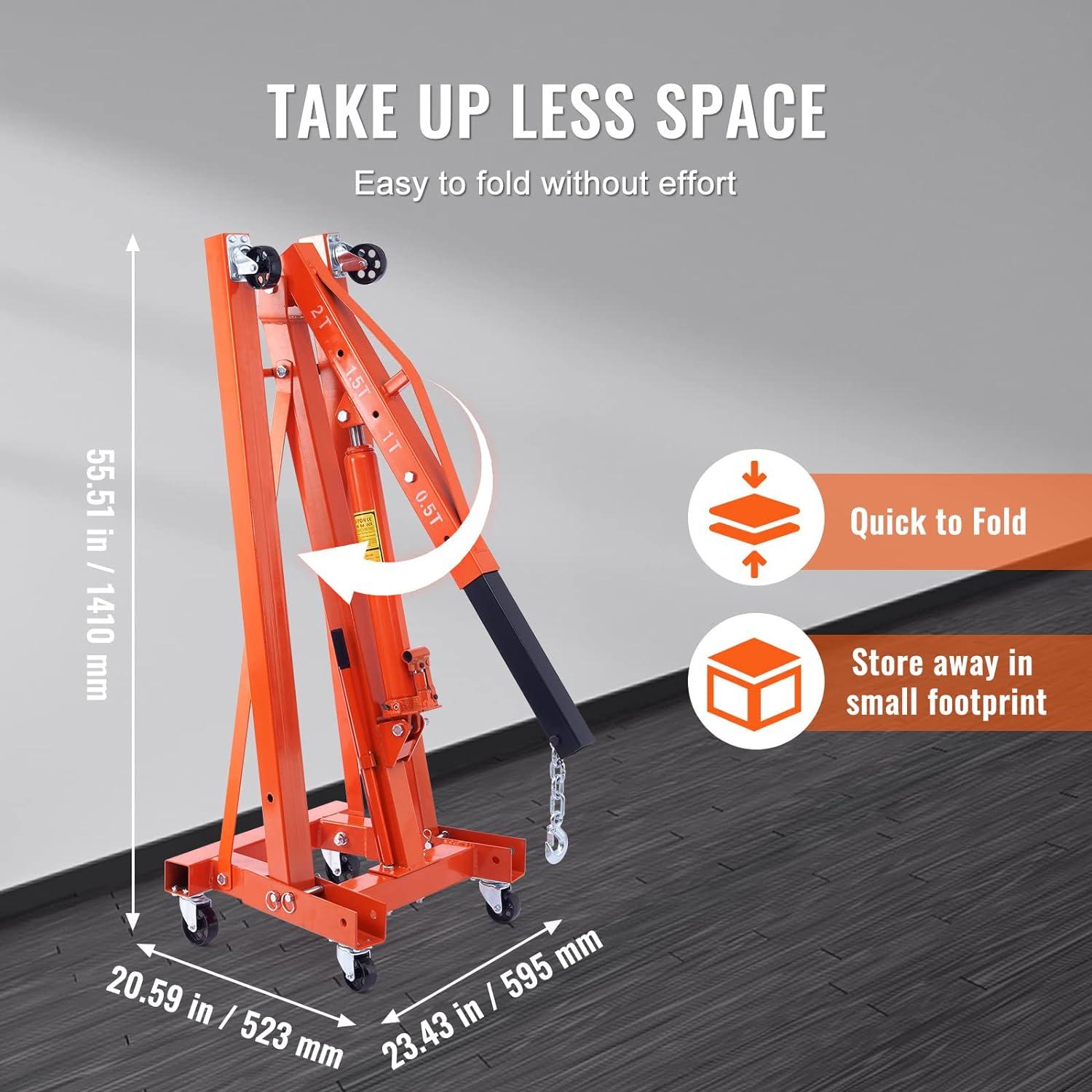 BENTISM 2T Folding Engine Crane Movable Engine Hoist with Load Leveler 4400 lbs/2 ton Heavy-Duty Cherry Picker Shop Crane Adjustable Boom Engine Crane