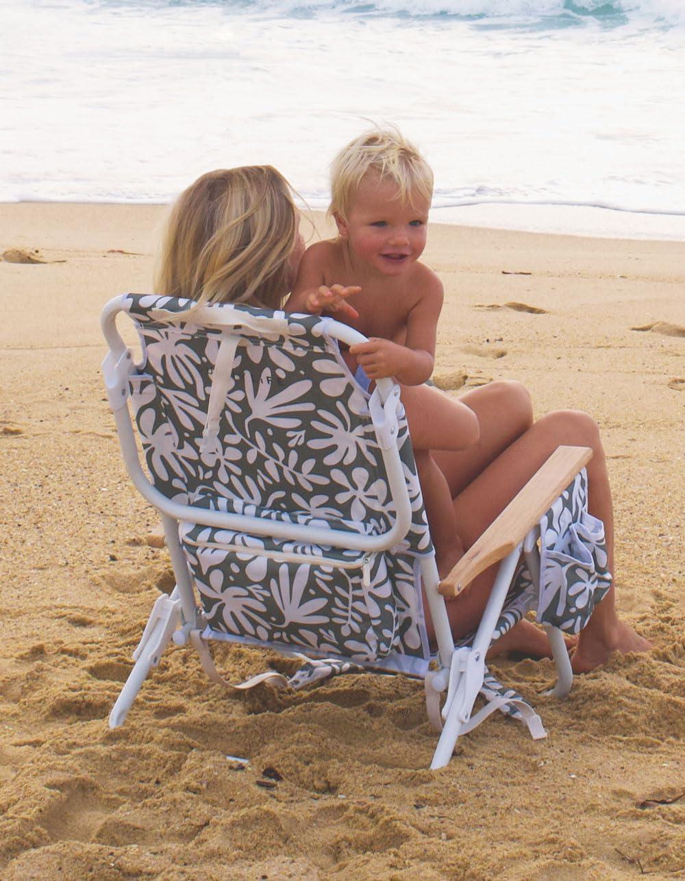 Sunnylife Reclining Beach Chair - The Vacay Olive. Converts from Backpack to Folding seat, with 5 Reclining Positions, Insulated Cooler Pocket and Adjustable Straps for Easy Carrying