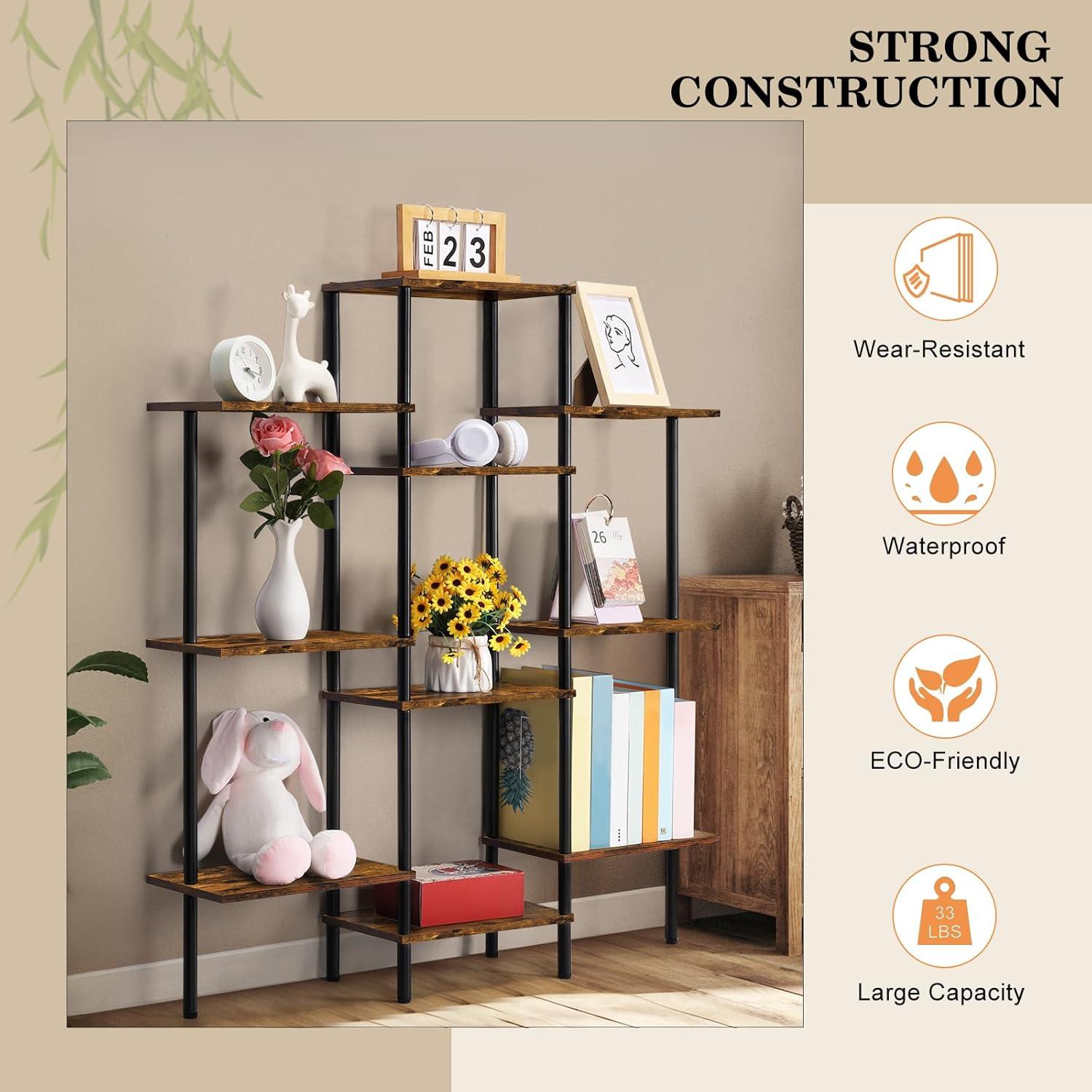 4-Tier Bookshelf,Small Triple Wide Bookcase for Books,CDs,Movies,Display Shelf with 10 Open Shelves for Living Room,Home Office,Balcony,Rustic Brown