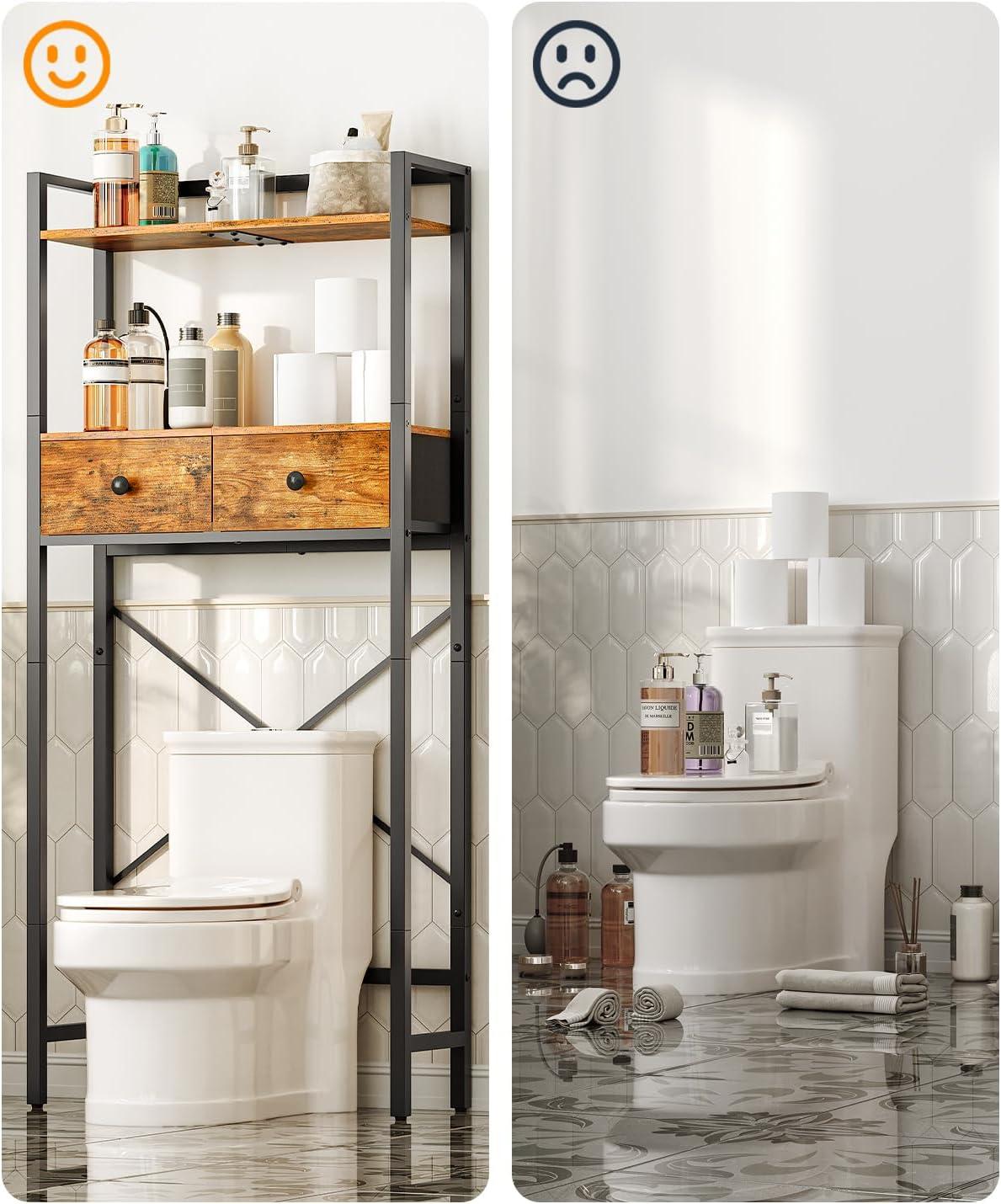 HOOBRO Over-The-Toilet Storage Rack with 2 Drawers, 3-Tier Bathroom Organizer Shelf Over Toilet, Freestanding Toilet Shelf, Storage Cabinet, Rustic Brown and Black BF47TS01