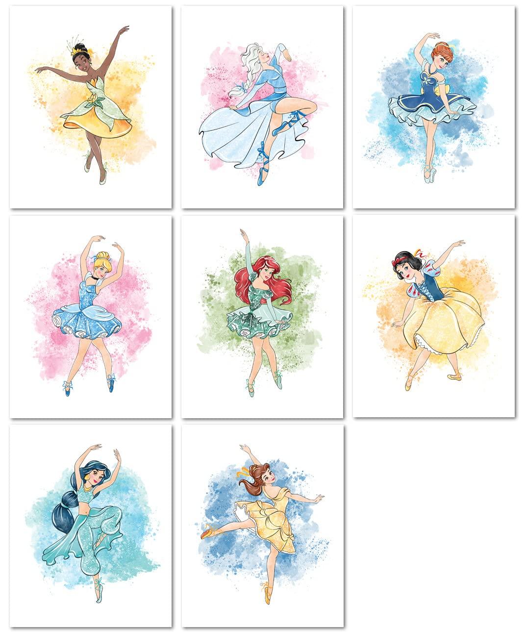 Nistio® Disney Princess Wall Art Prints, Ballerina Princess Girls Room Decor, Elsa, Cinderella, Princess Anna, Tiana, Set of 8, 8x10 inches (Unframed)