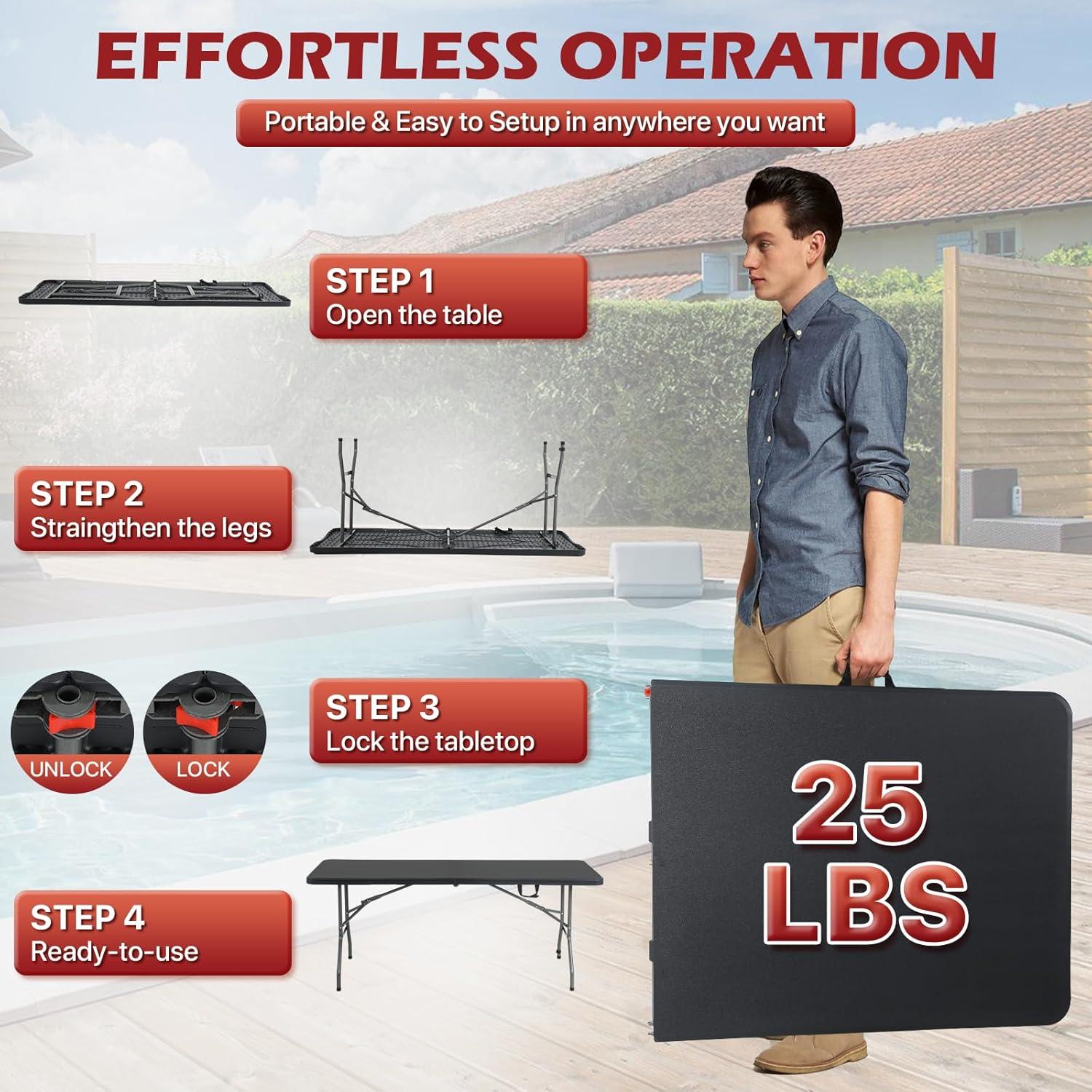 Folding Table 6 Foot,  Heavy-Duty, Portable Plastic Construction with Carrying Handle – Perfect for Picnics, Parties, and Office Indoor Outdoor Use, White